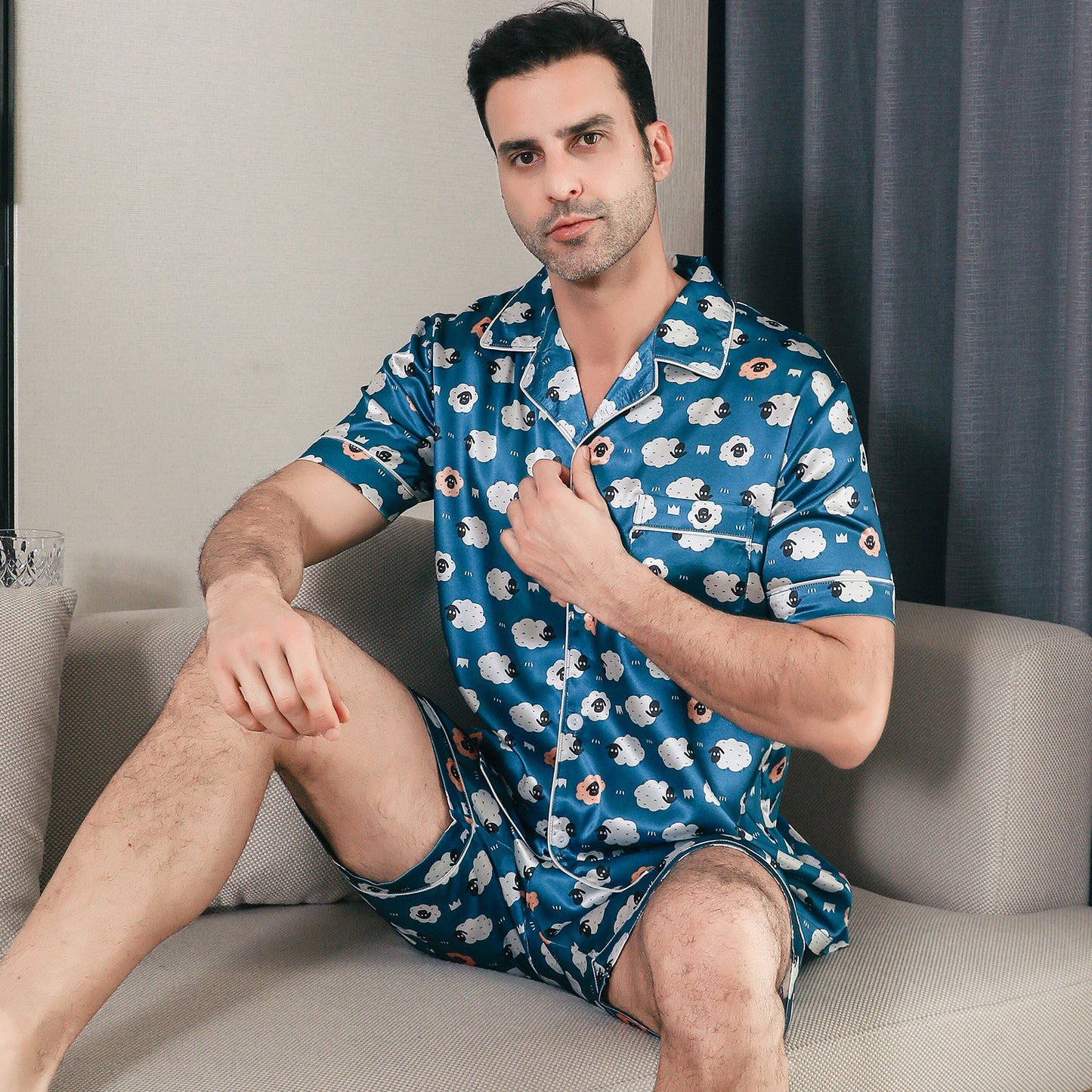 Men Satin Pajamas Set Short Sleeve & short Pants Sleepwear with Pockets-KJ4043-M