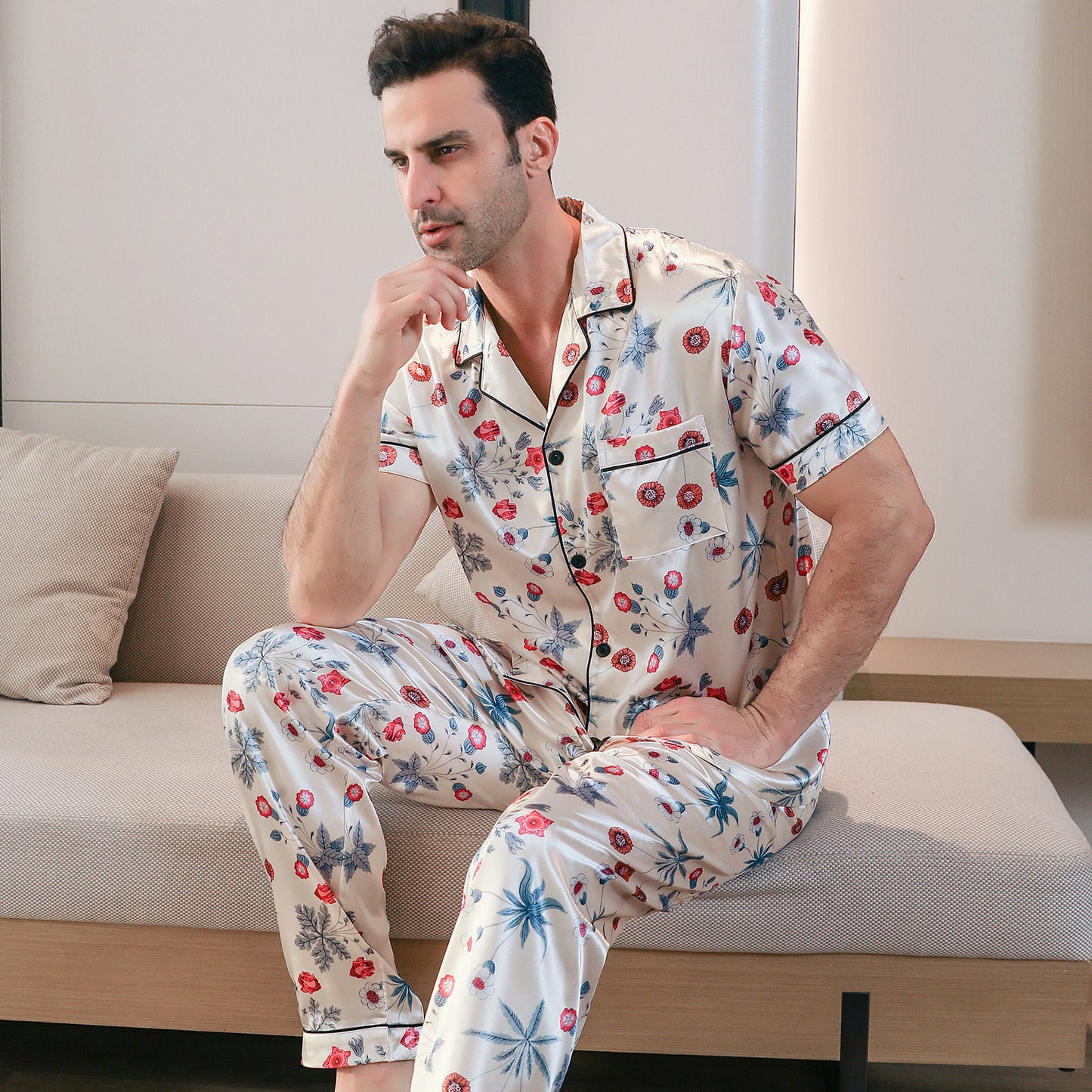 Men's Classic Silk Pajama Set Short Top & Long Pants Button Loungewear-KJ5051-M