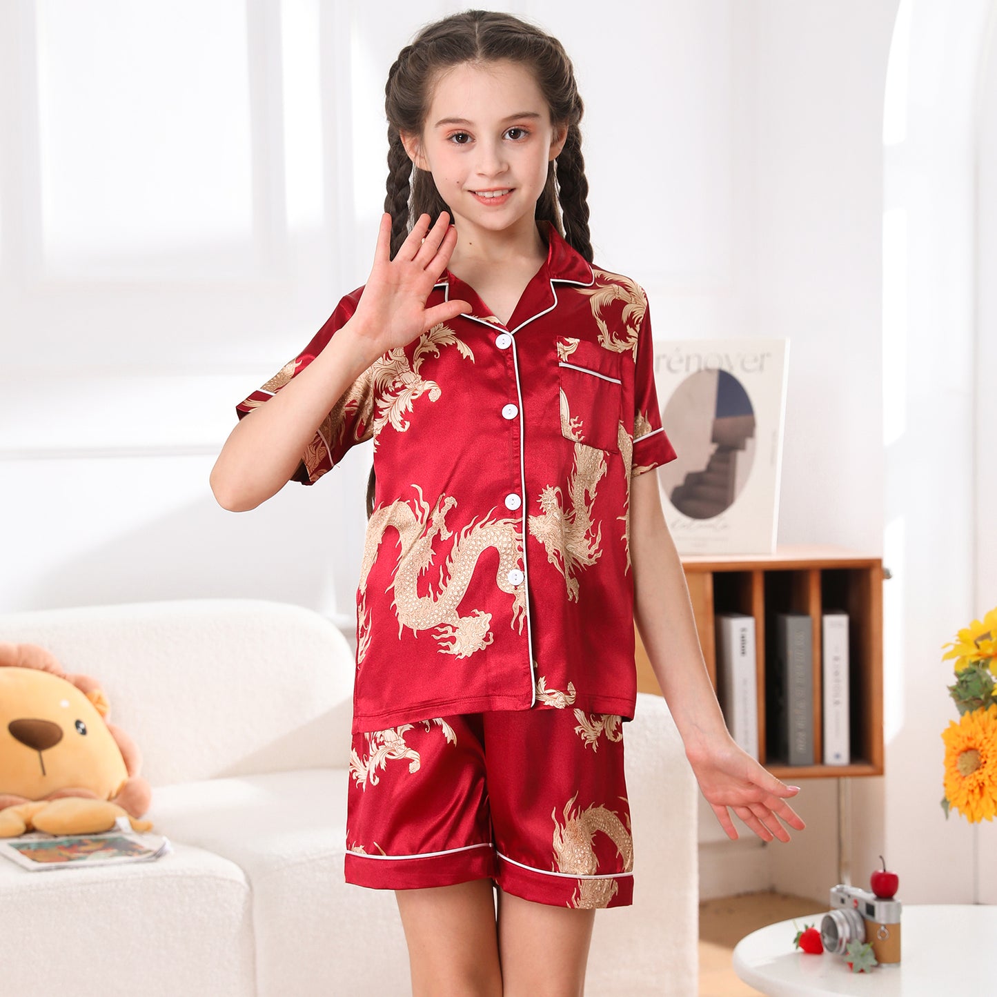 Girl's  Satin Pajama Set Short Top Classic Sleepwear with Short pants-KJ410T-130