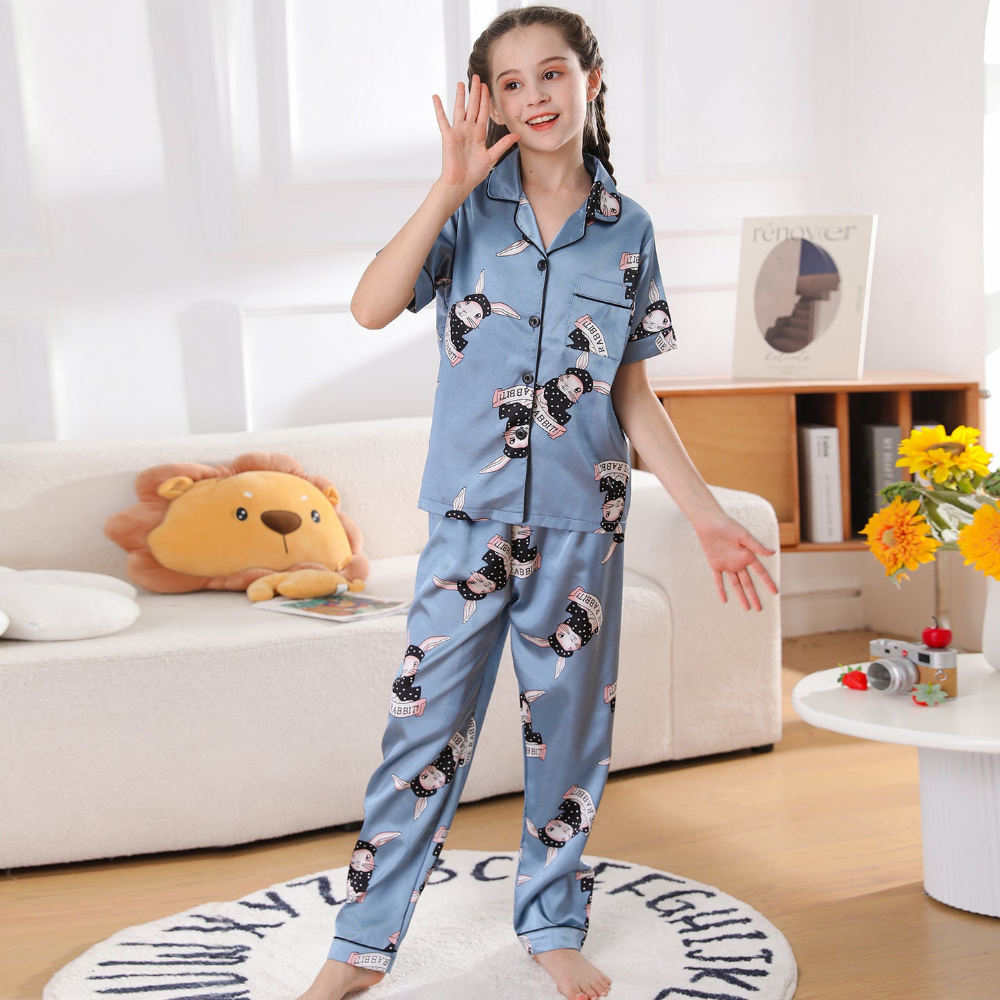 Girl's  Satin Pajama Set Short Top Classic Sleepwear with long pants-KJ506T-130