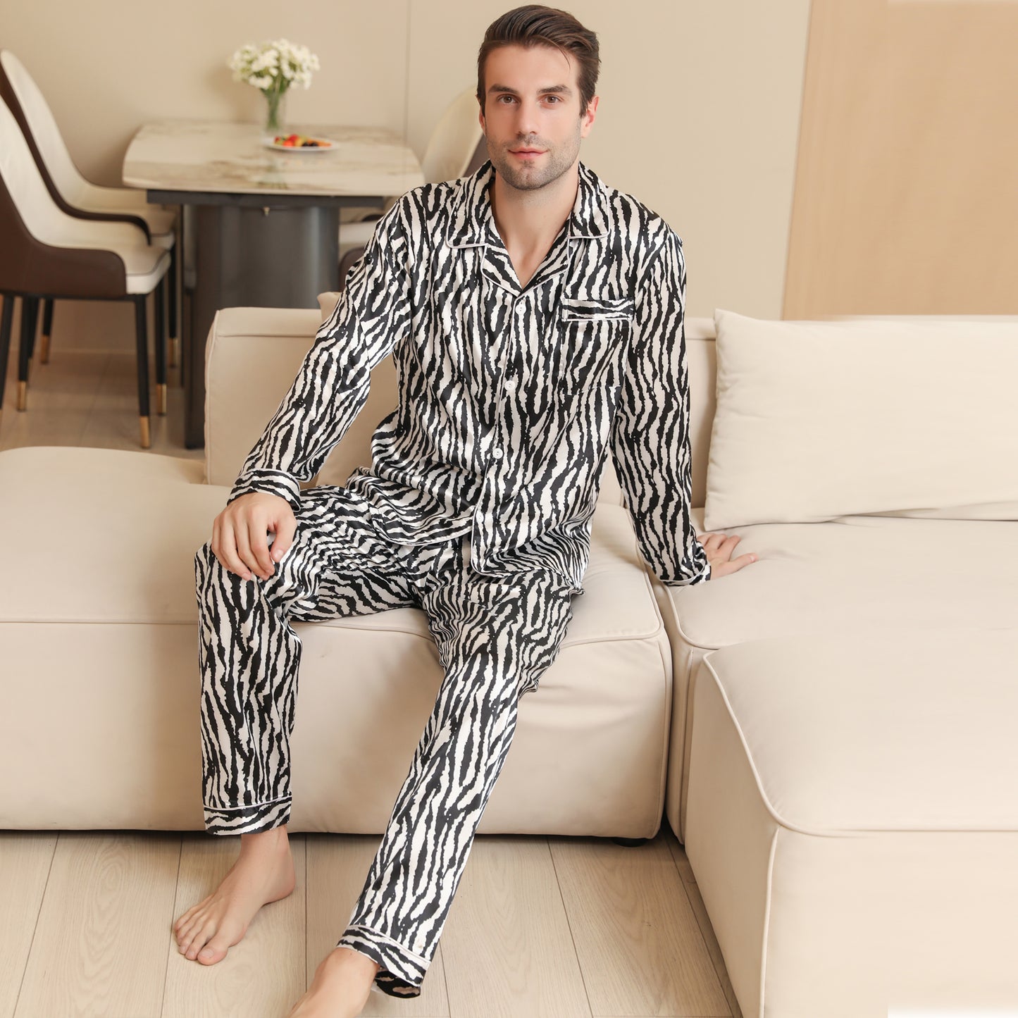 Men Satin Pajamas Set Long Sleeve & Long Pants Sleepwear with Pockets-KJ2033-M