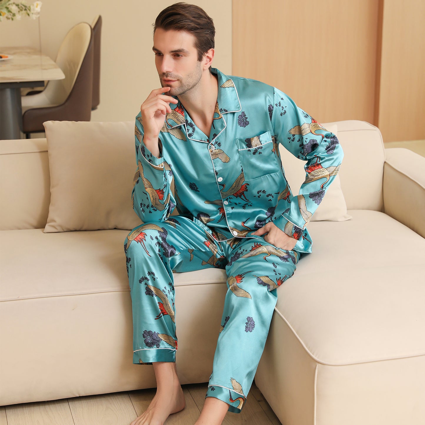 Men Satin Pajamas Set Long Sleeve & Long Pants Sleepwear with Pockets-KJ2035-M