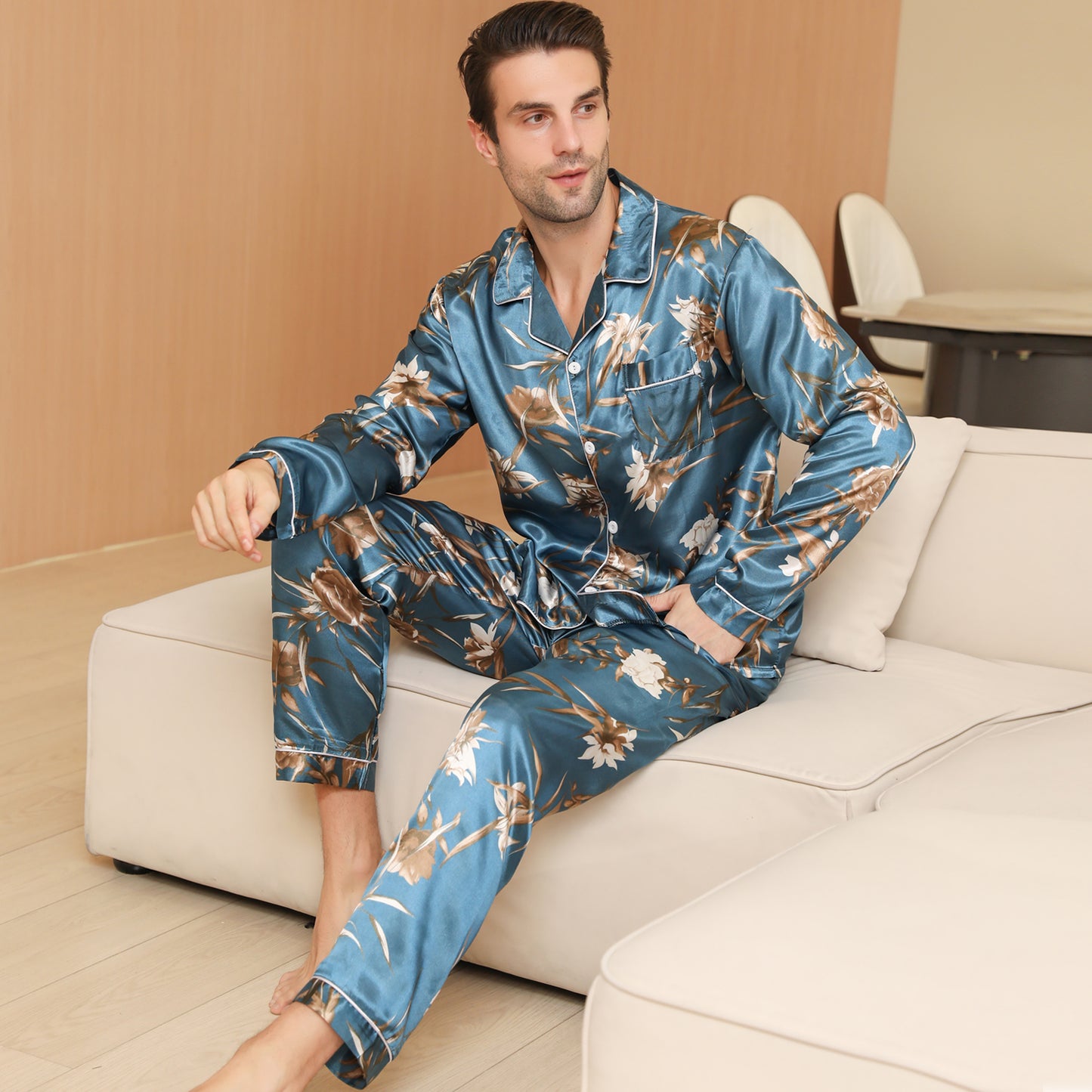 Men Satin Pajamas Set Long Sleeve & Long Pants Sleepwear with Pockets-KJ2034-M