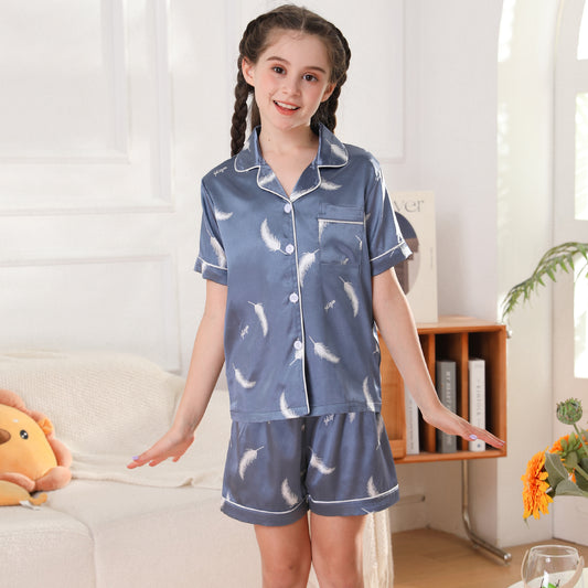 Girl's  Silk Pajama Set Short Top & Short pants  Loungewear-KJ445T-130