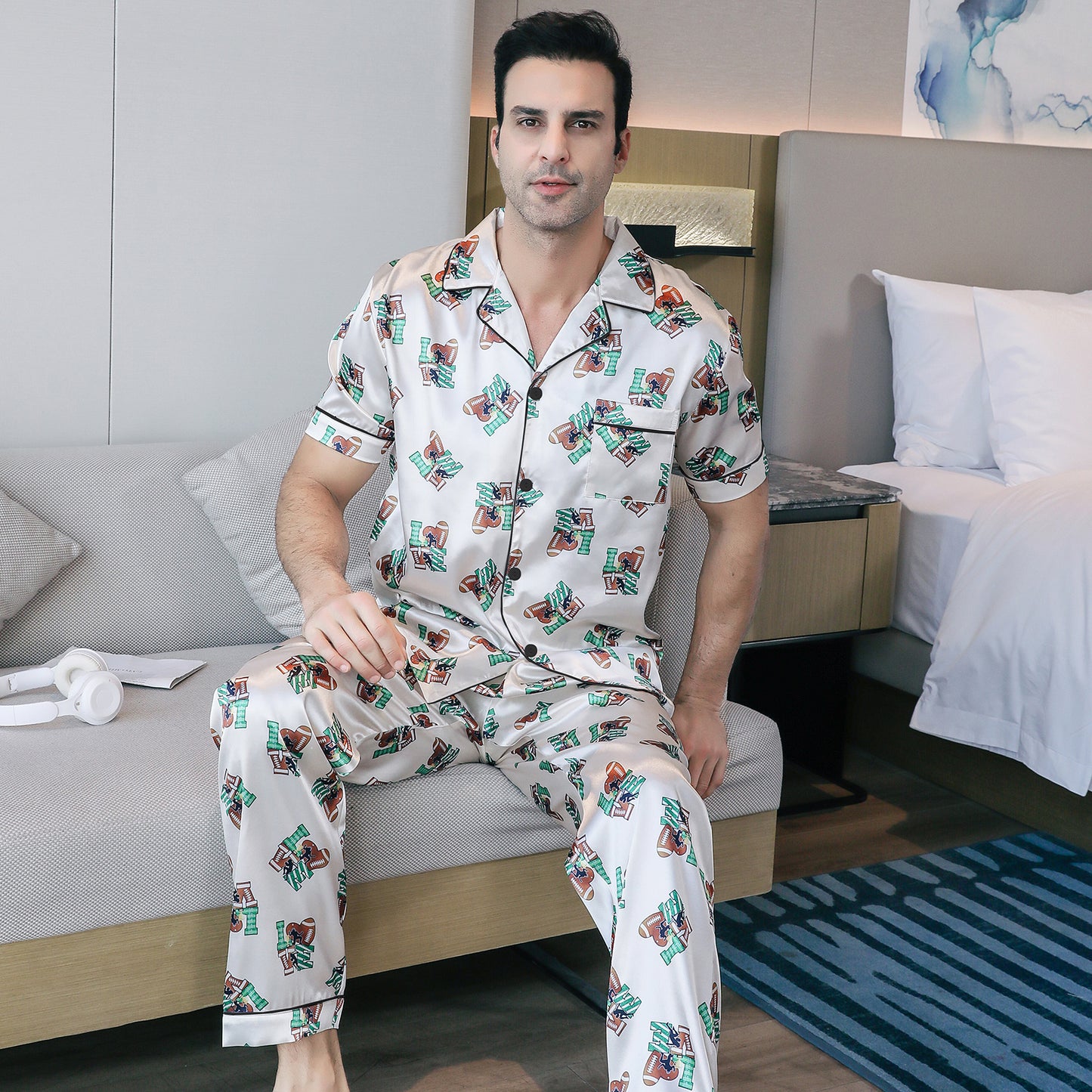 Mens Silky Pajamas Set Short Sleeve Top and Long pants Nightwear-KJ5008-M