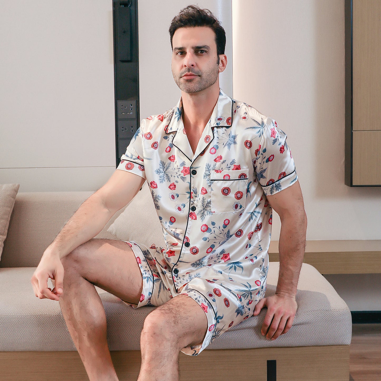 Men's  Silk Pajama Set Short Top & short Pants  Loungewear-KJ4051-M