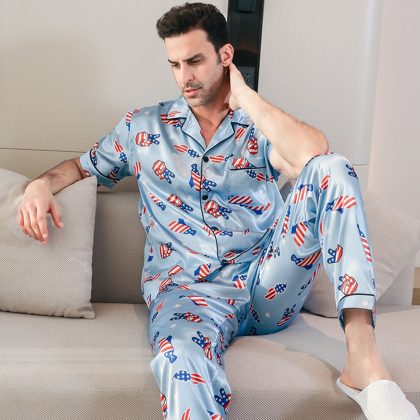 Men's Classic Silk Pajama Set Short Top & Long Pants Button Loungewear-KJ5049-M