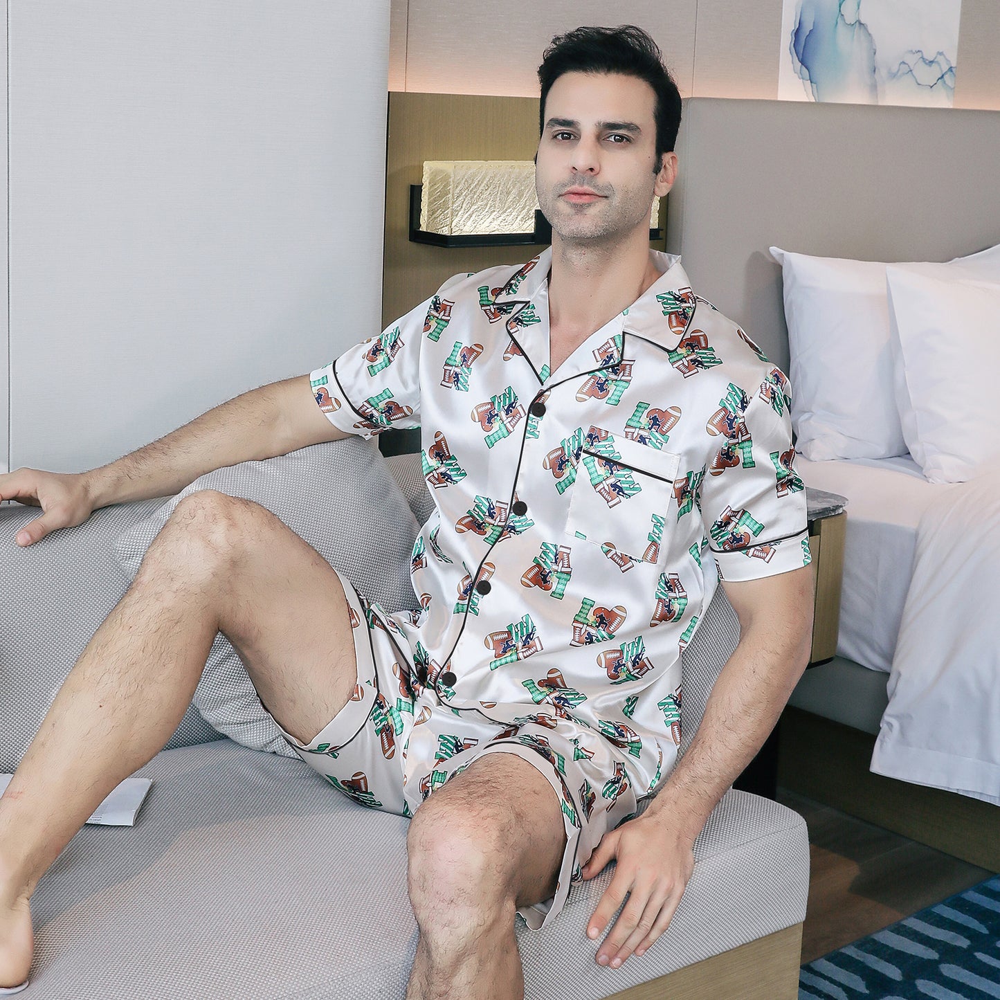 Mens Silky Pajamas Set Short Top & short pants Nightwear-KJ4008-M