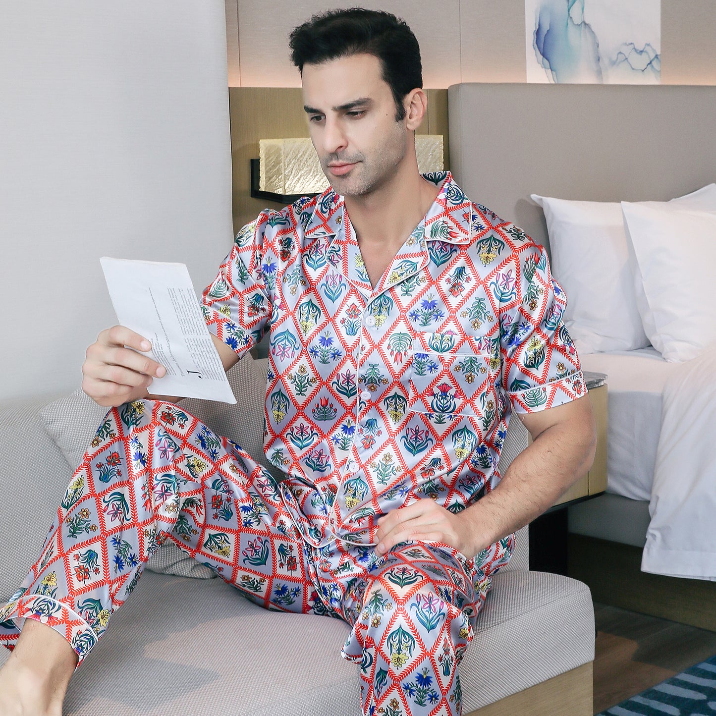 Men's Satin Pajama Set 3 Pieces Classic Sleepwear-KJ6015-M