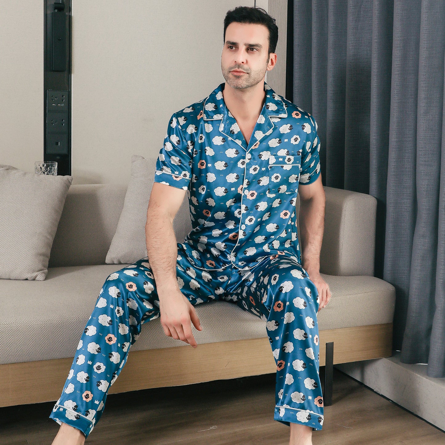 Men Satin Pajamas Set Short Sleeve & Long Pants Sleepwear with Pockets-KJ5043-M