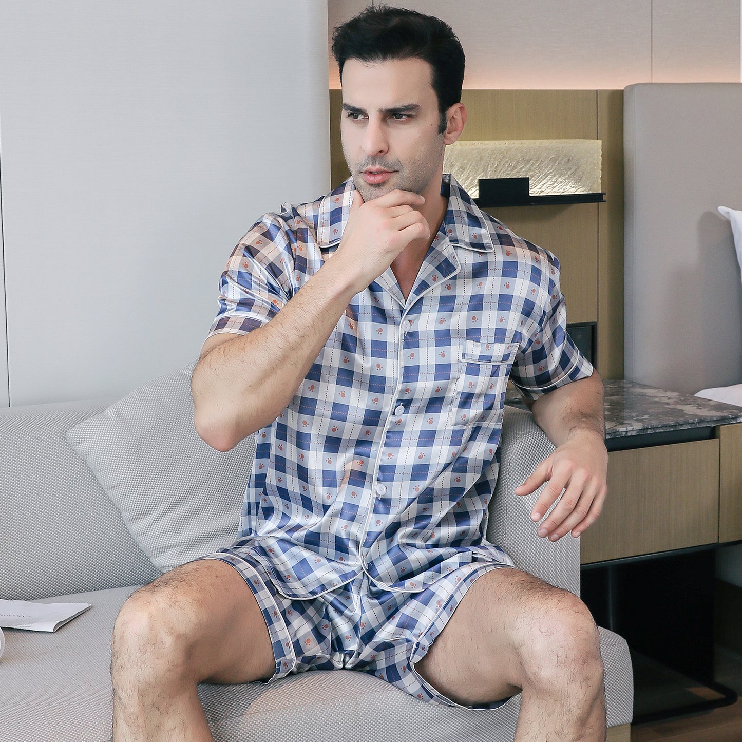 Mens Silky Pajamas Set Short Top & short pants Nightwear-KJ4007-M