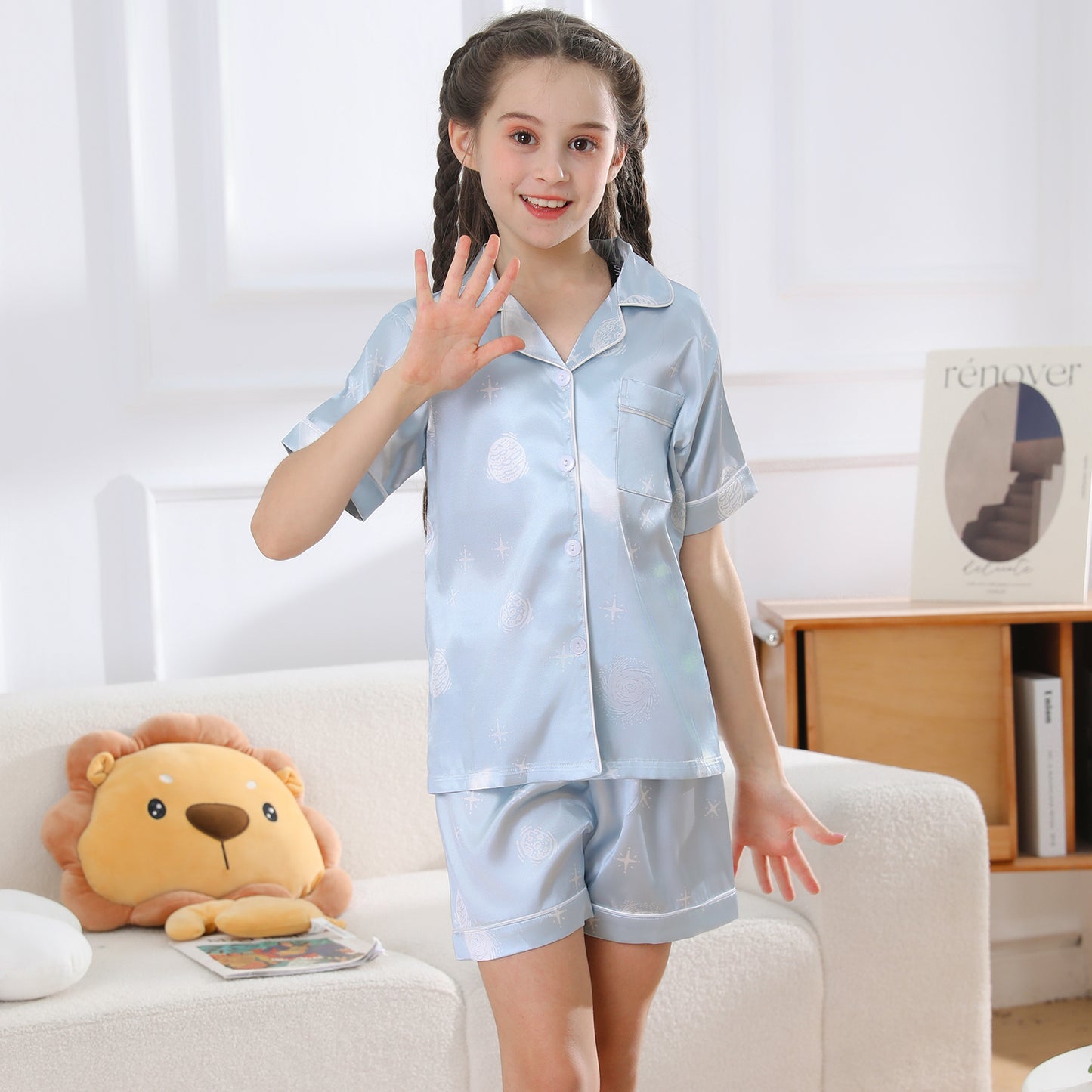 Girl's  Silk Pajama Set Short Top & Short pants  Loungewear-KJ428T-130