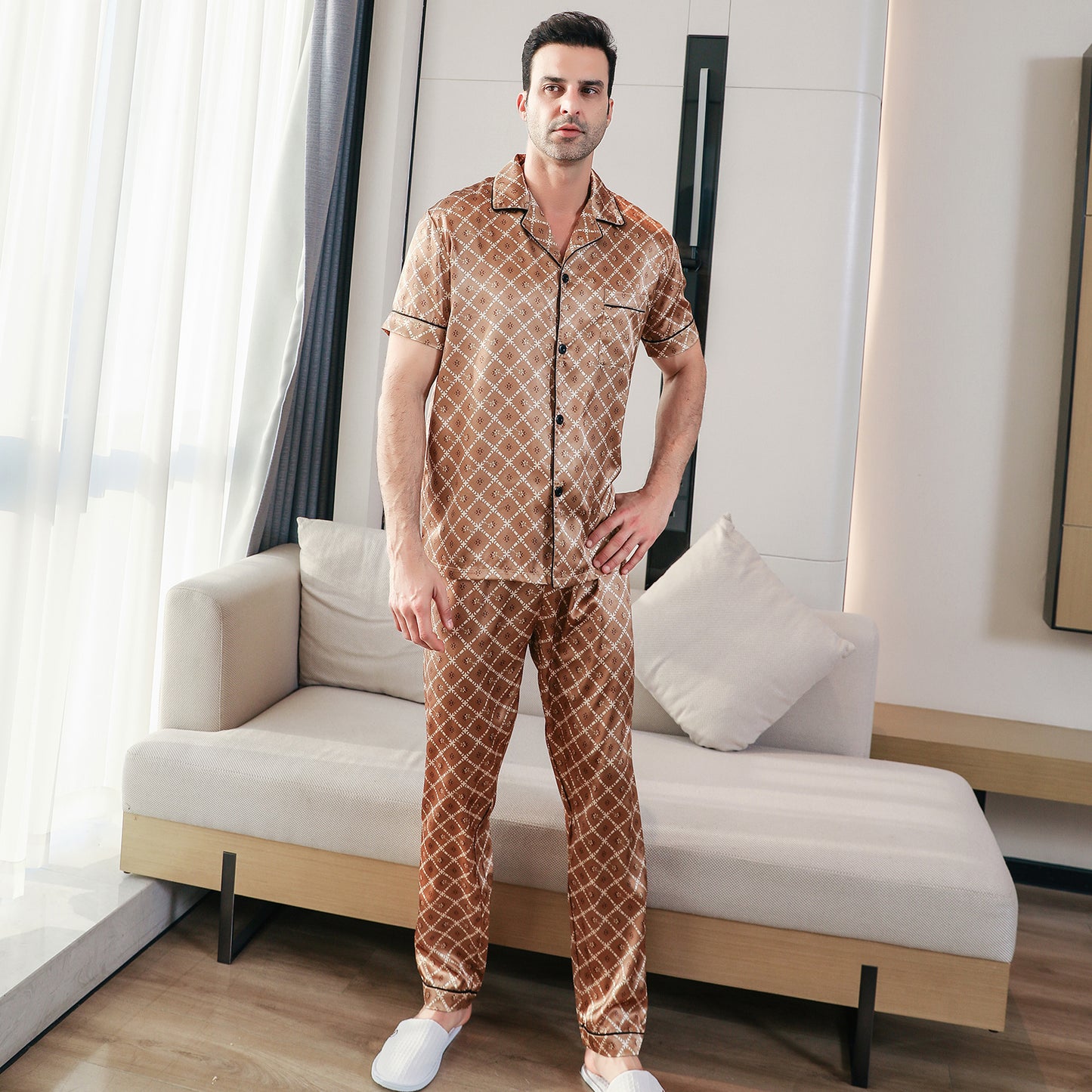 Men's Classic Silk Pajama Set Short Top & Long Pants Button Loungewear-KJ5046-M