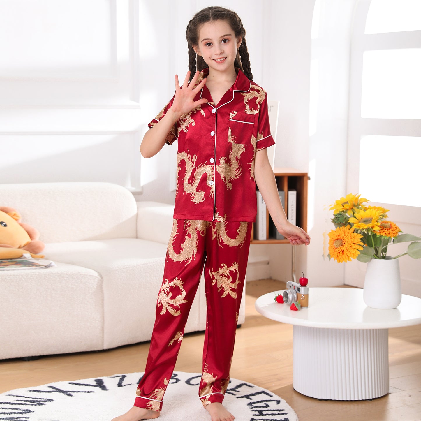 Girl's  Satin Pajama Set Short Top Classic Sleepwear with long pants-KJ510T-130