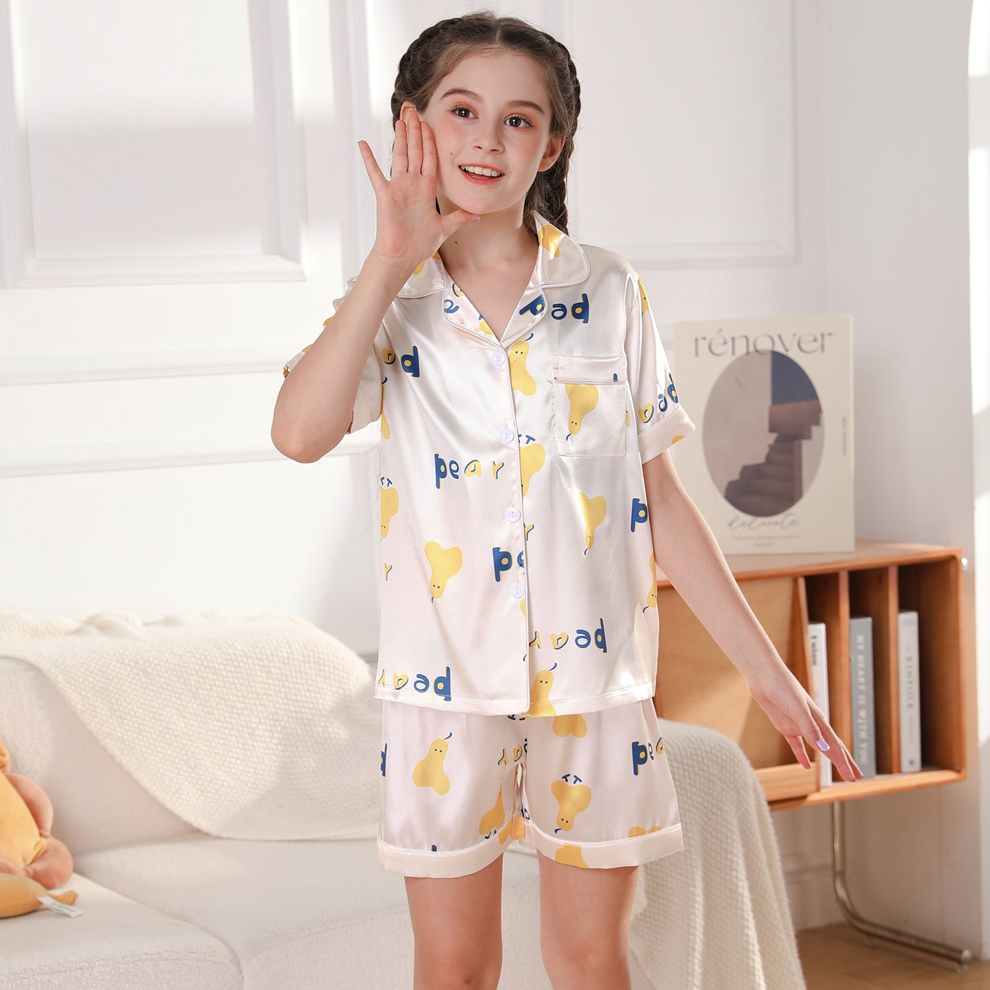 Girl's  Satin Pajama Set Short Top Classic Sleepwear with Short pants-KJ452T-130