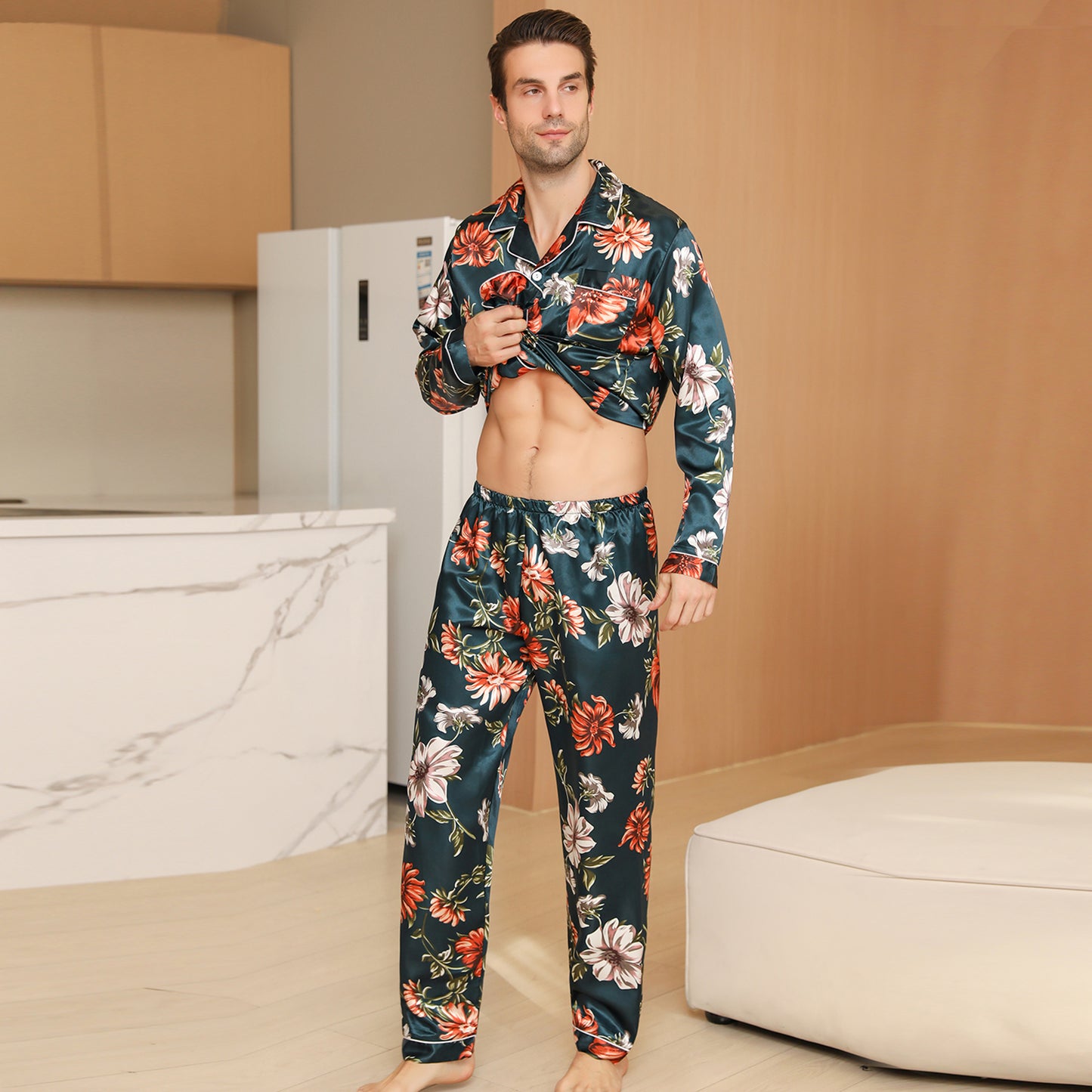 Men Satin Pajamas Set Long Sleeve & Long Pants Sleepwear with Pockets-KJ2032-M