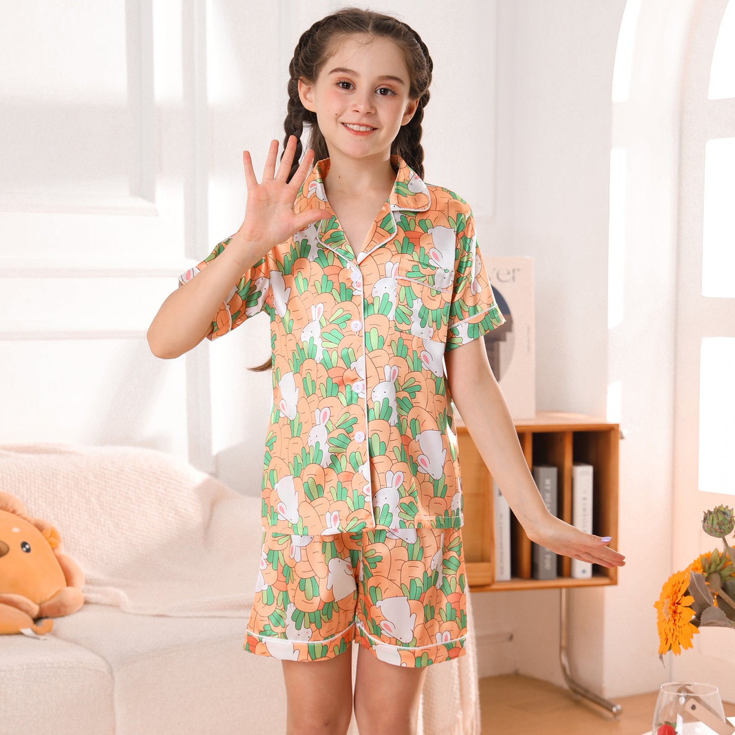 girls Silky Pajamas Set Short Top & Short pants -KJ448T-130