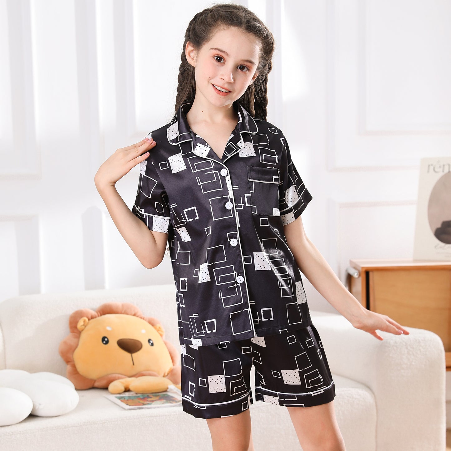 Girl's  Satin Pajama Set Short Top Classic Sleepwear with Short pants-KJ421T-130