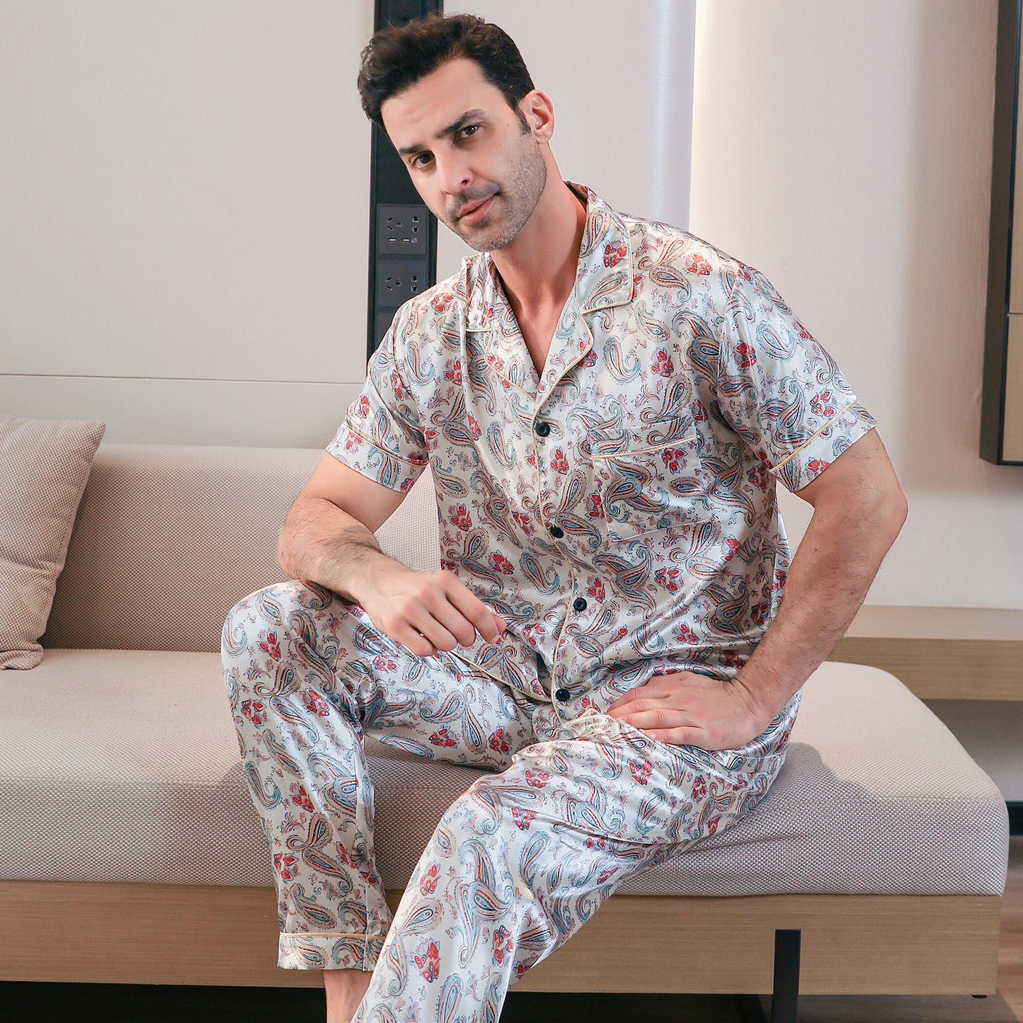 Men's Silk Pajama Set 3 Pieces Loungewear-KJ6052-M