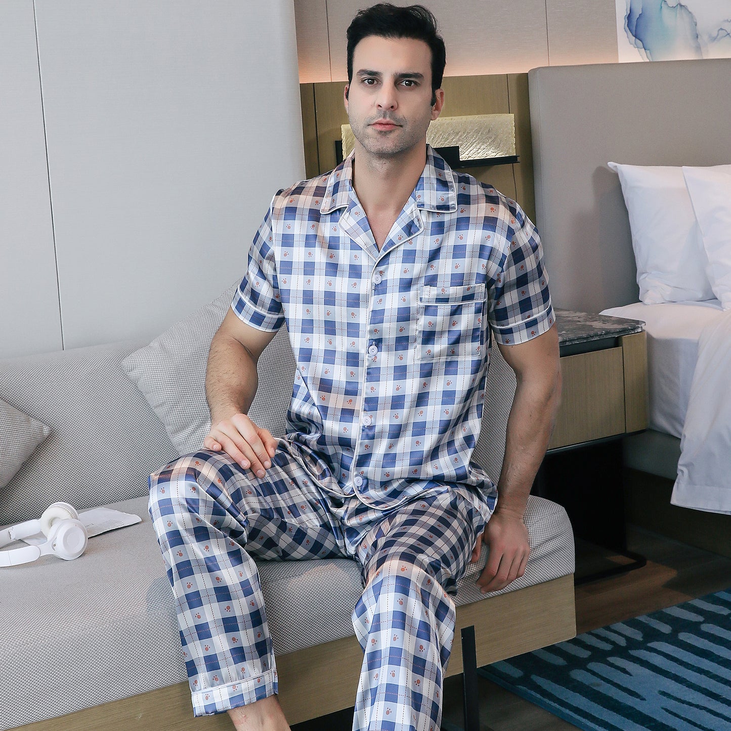 Mens Silky Pajamas Set Short Sleeve Top and Long pants Nightwear-KJ5007-M