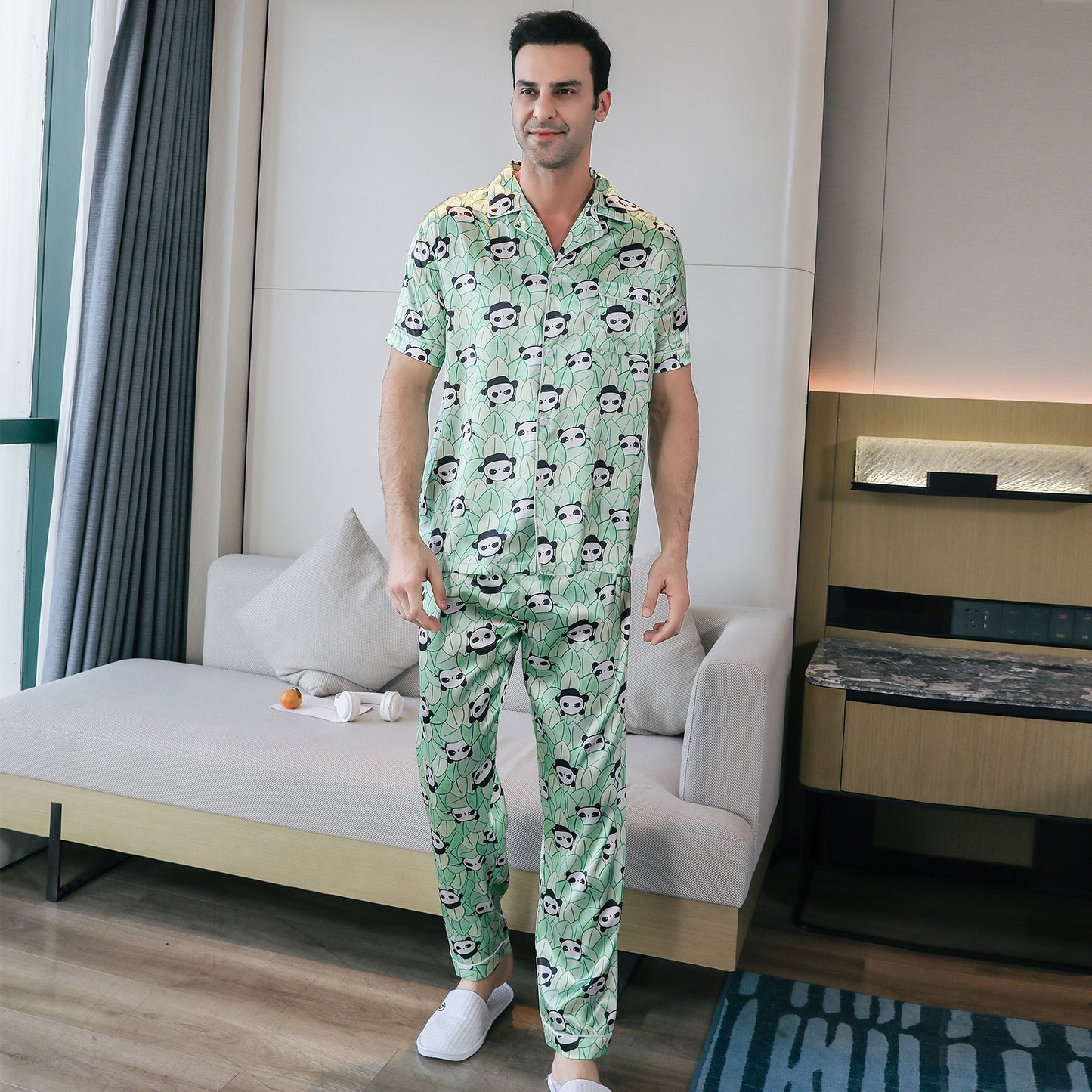 Men's Silky Satin Pajama Set Short Top Classic Sleepwear with Long Pants-KJ5014-M