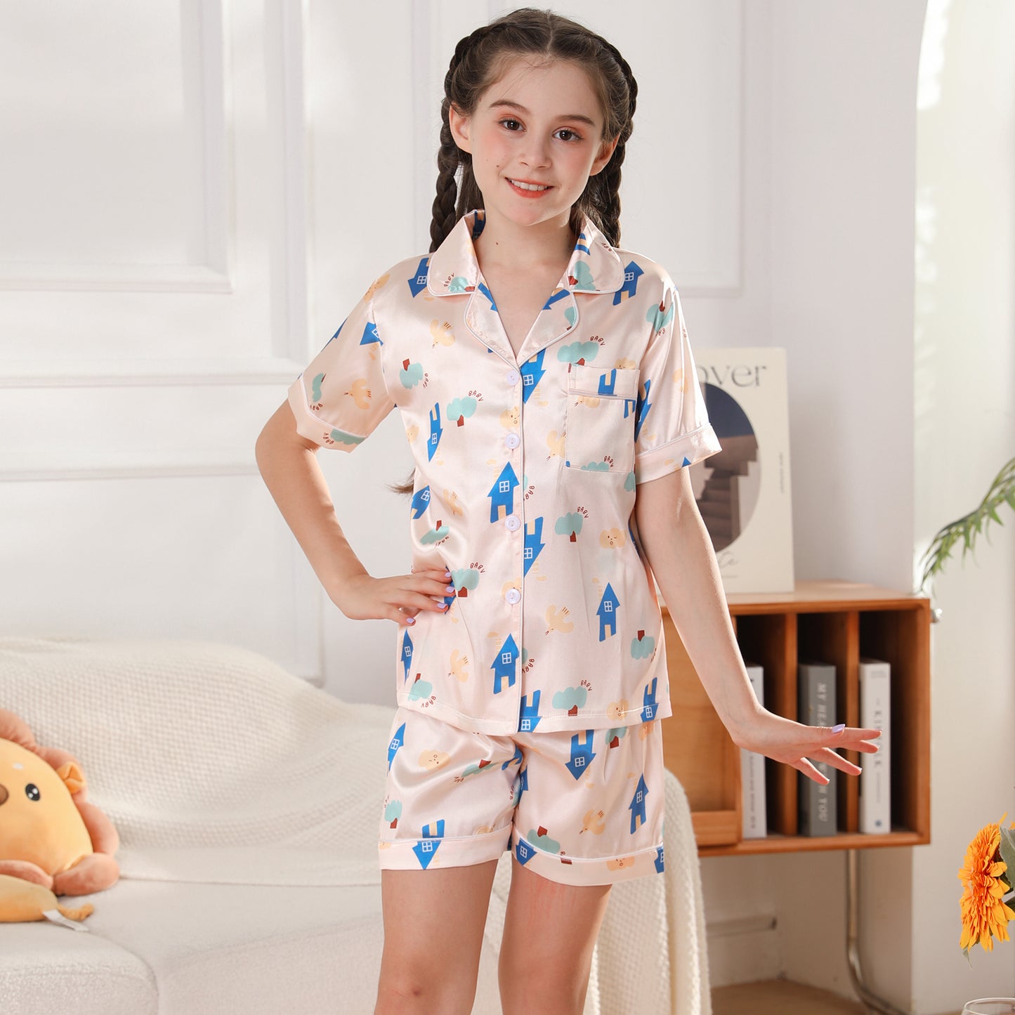 children's Satin Pajamas Set Short Sleeve & Short pants Sleepwear with Pockets-KJ441T-130