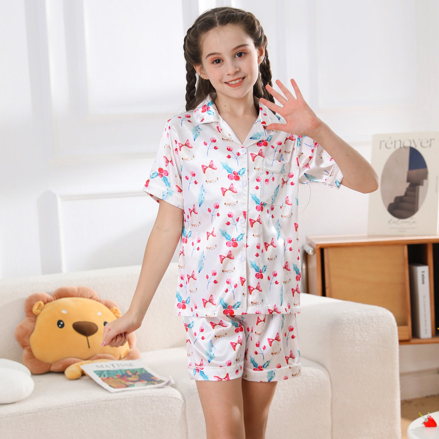 Girl's  Satin Pajama Set Short Top Classic Sleepwear with Short pants-KJ435T-130