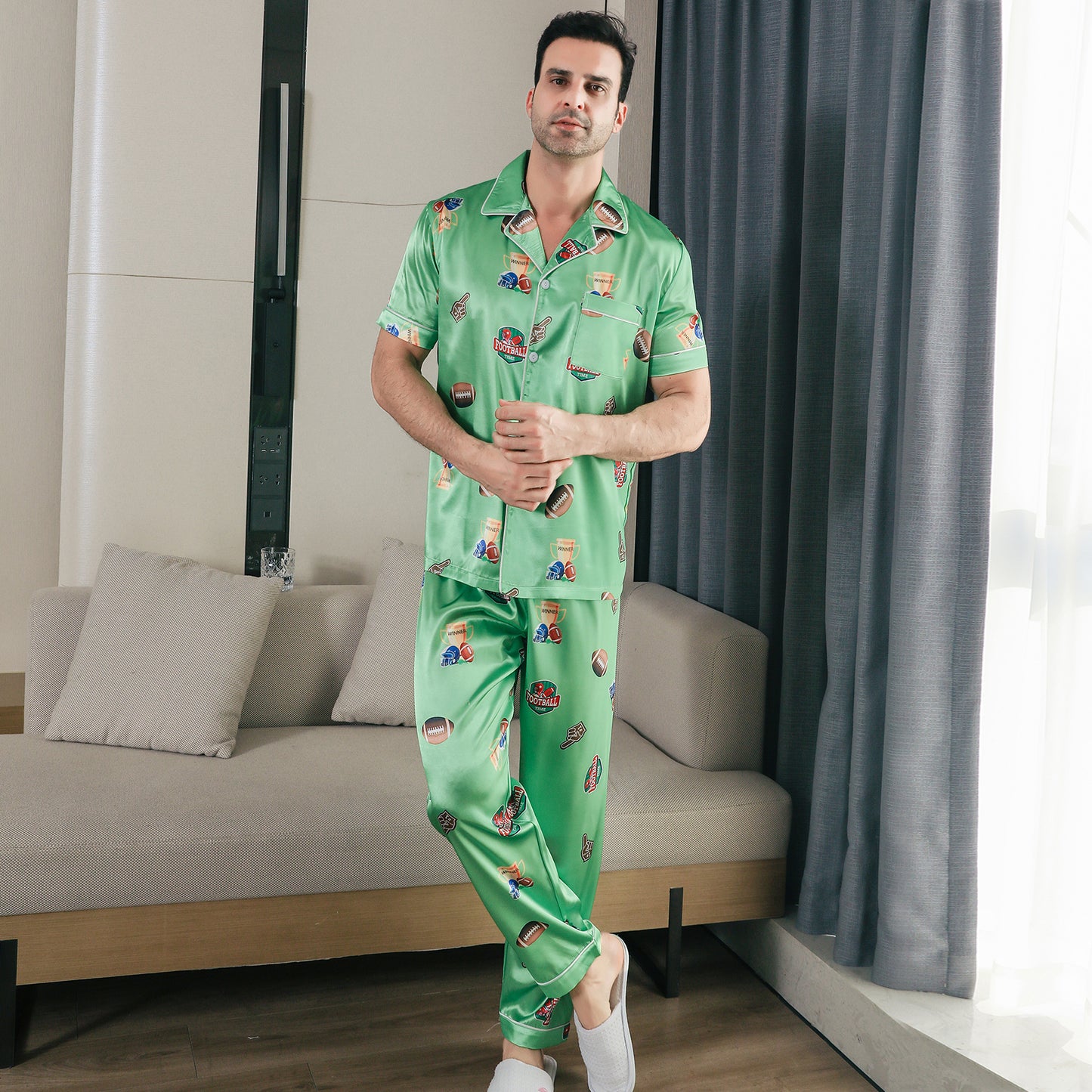 Men Satin Pajamas Set Short Sleeve & Long Pants Sleepwear with Pockets-KJ5042-M