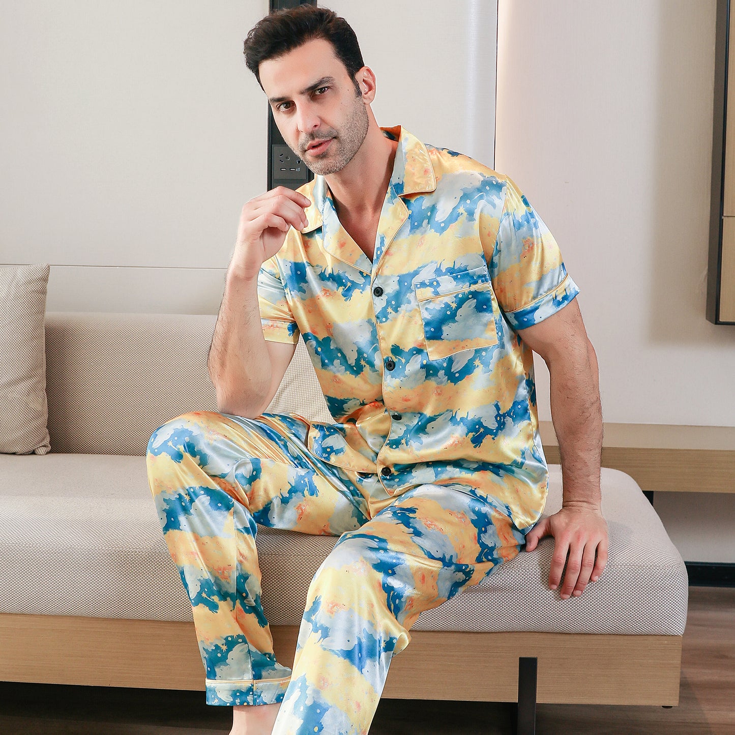 Men's Classic Silk Pajama Set Short Top & Long Pants Button Loungewear-KJ5047-M