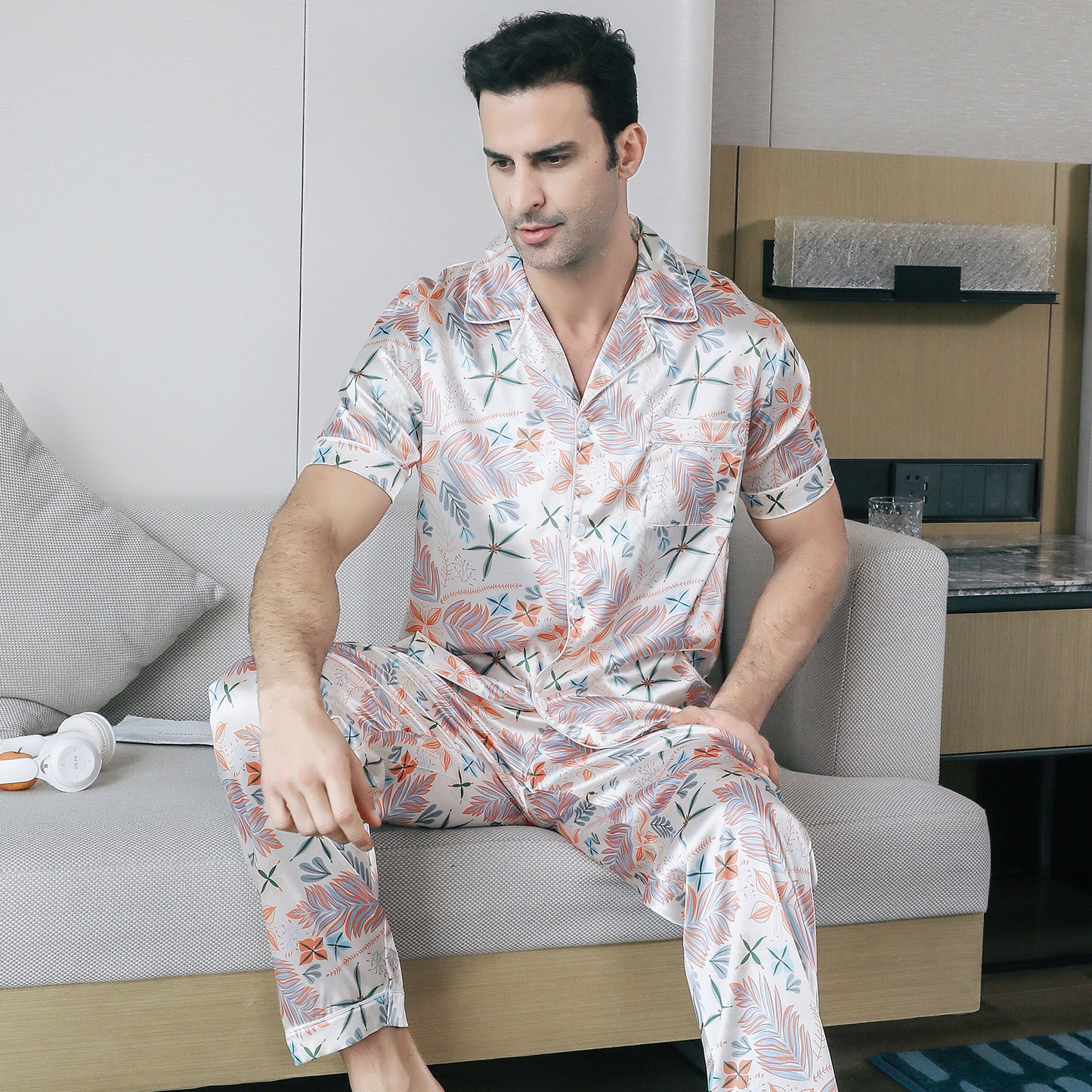 Mens Pajama Set Short Sleeve Sleepwear Silky Loungewear with Long Pants-KJ5022-M