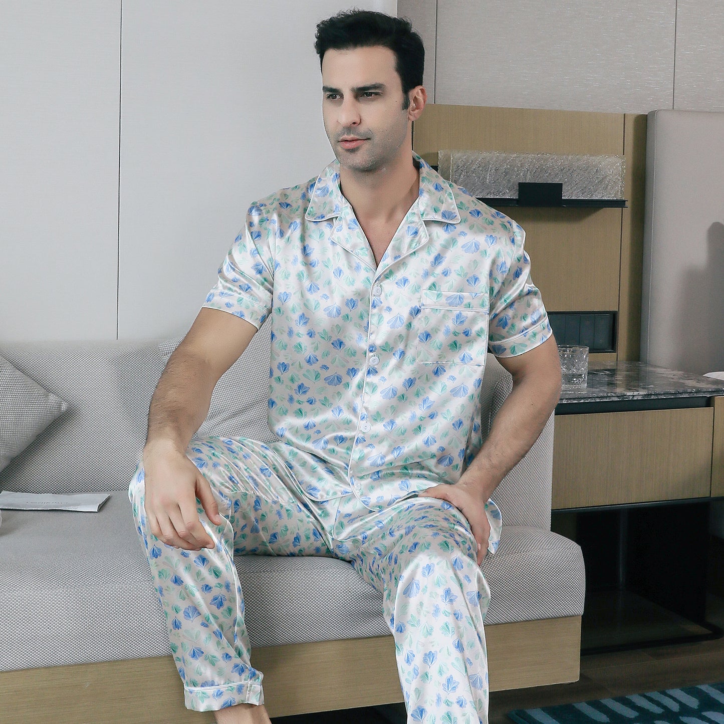 Men's Silky Satin Pajama Set Short Top Classic Sleepwear with Long Pants-KJ5017-M