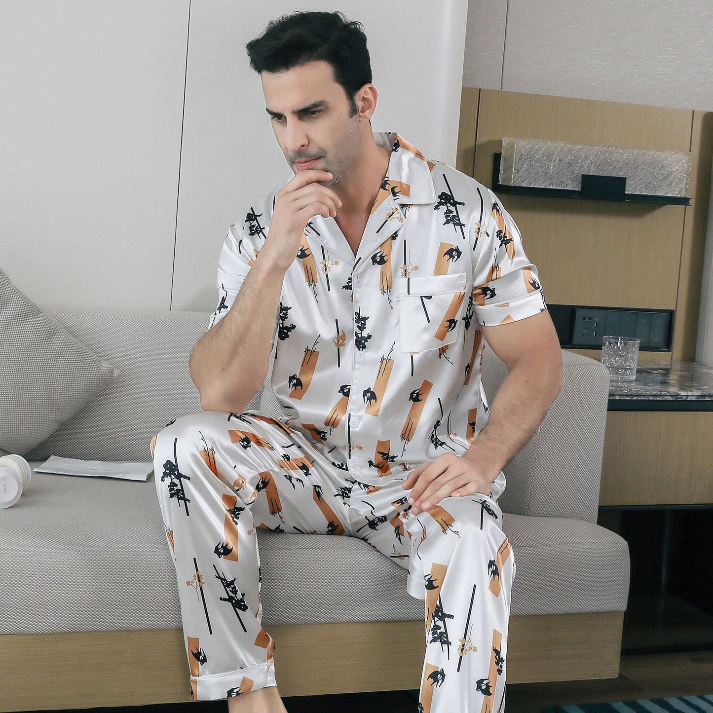 Mens Pajama Set Short Sleeve Sleepwear Silky Loungewear with Long Pants-KJ5025-M