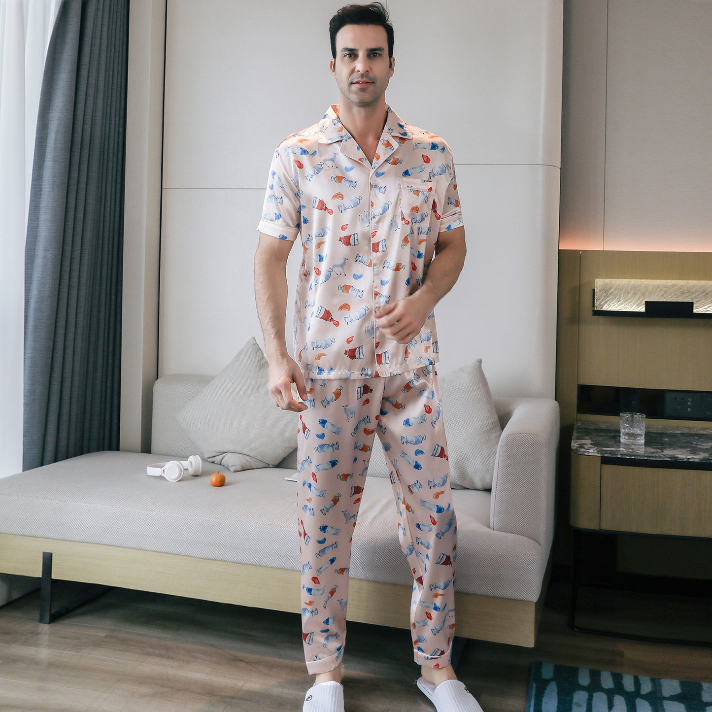 Men's Silky Satin Pajama Set Short Top Classic Sleepwear with Long Pants-KJ5013-M