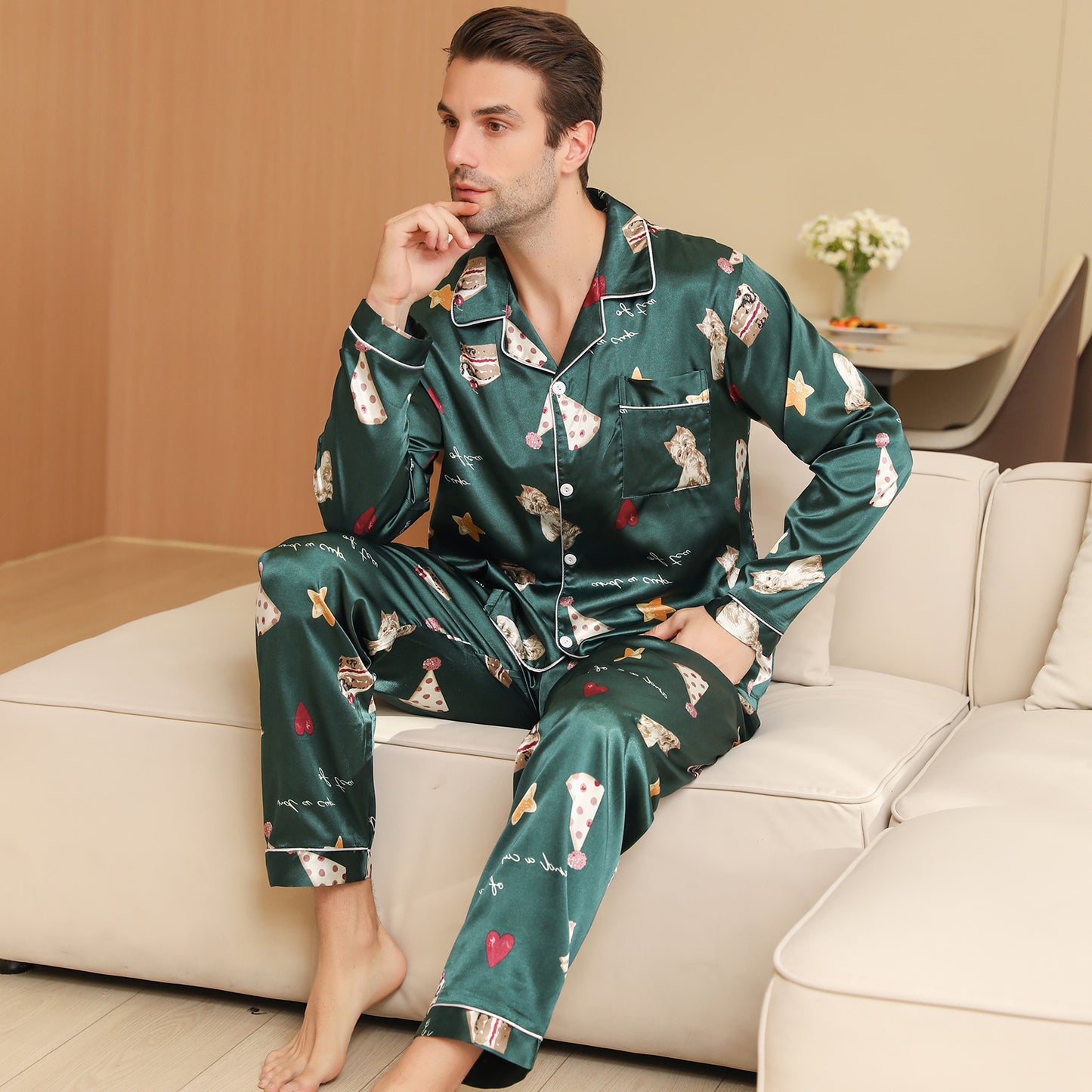 Men Satin Pajamas Set Long Sleeve & Long Pants Sleepwear with Pockets-KJ2036-M