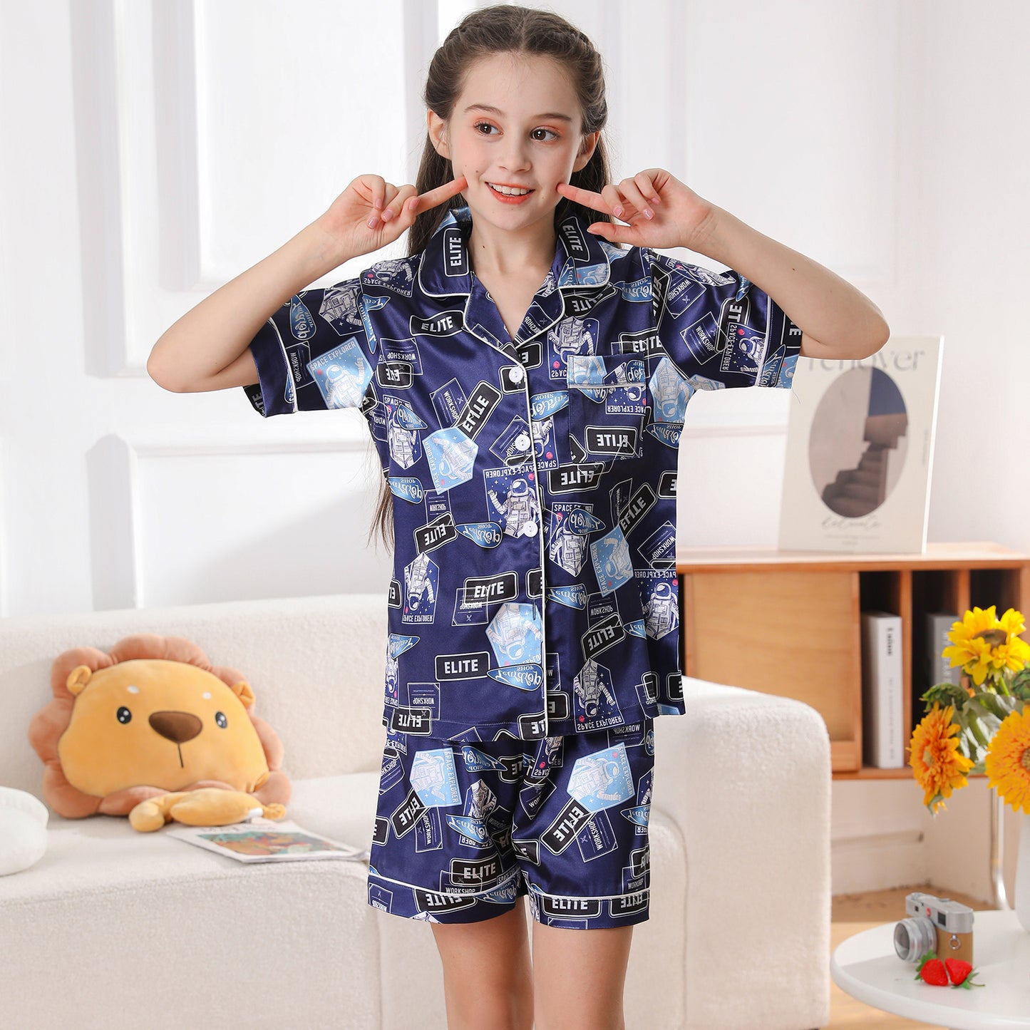 Girl's  Satin Pajama Set Short Top Classic Sleepwear with Short pants-KJ424T-130