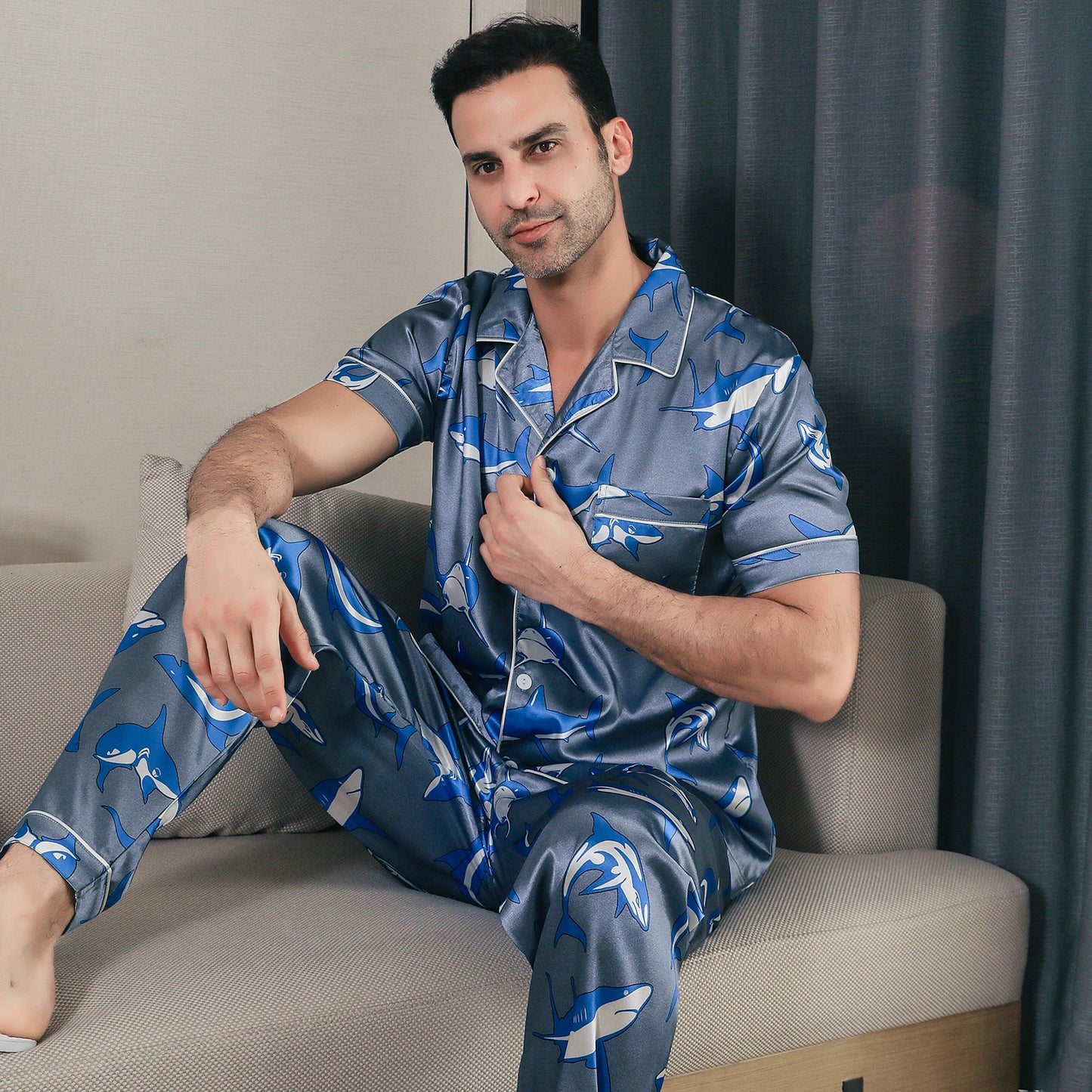 Men Satin Pajamas Set Short Sleeve & Long Pants Sleepwear with Pockets-KJ5041-M