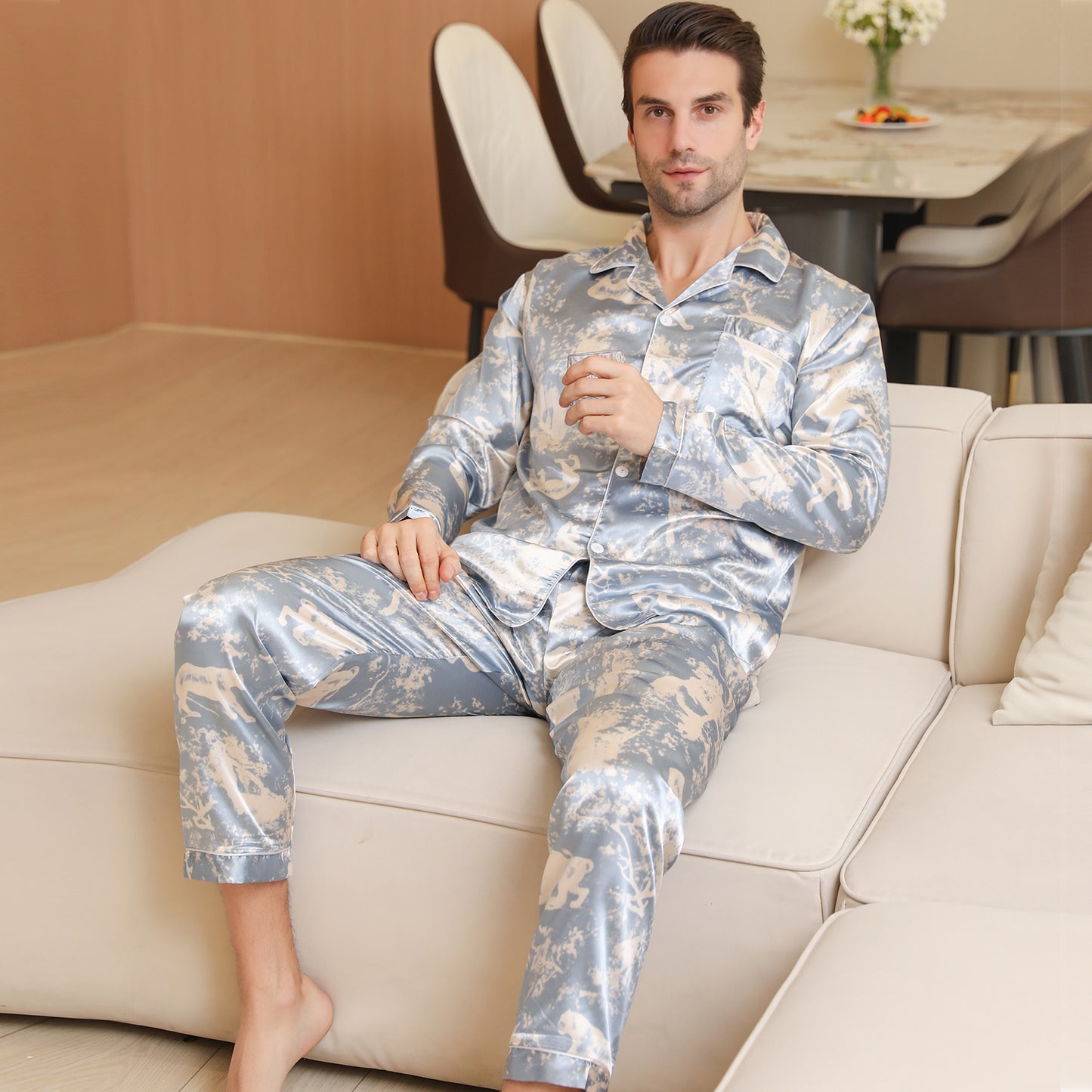 Men Satin Pajamas Set Long Sleeve & Long Pants Sleepwear with Pockets-KJ2039-M