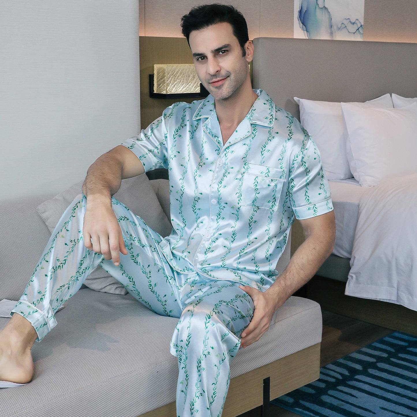 Men's Silky Satin Pajama Set Short Top Classic Sleepwear with Long Pants-KJ5012-M