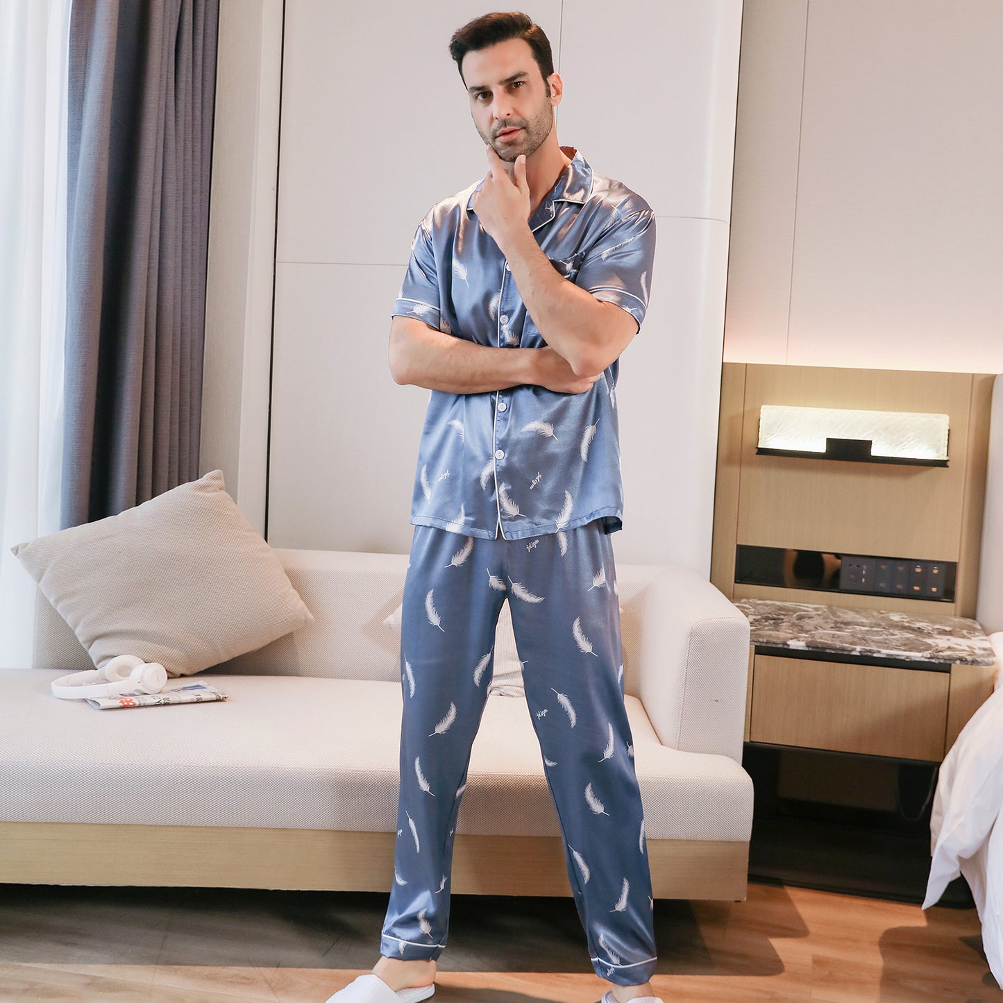 Mens Silky PJ SET Short Sleeve Top and Long pants Nightwear