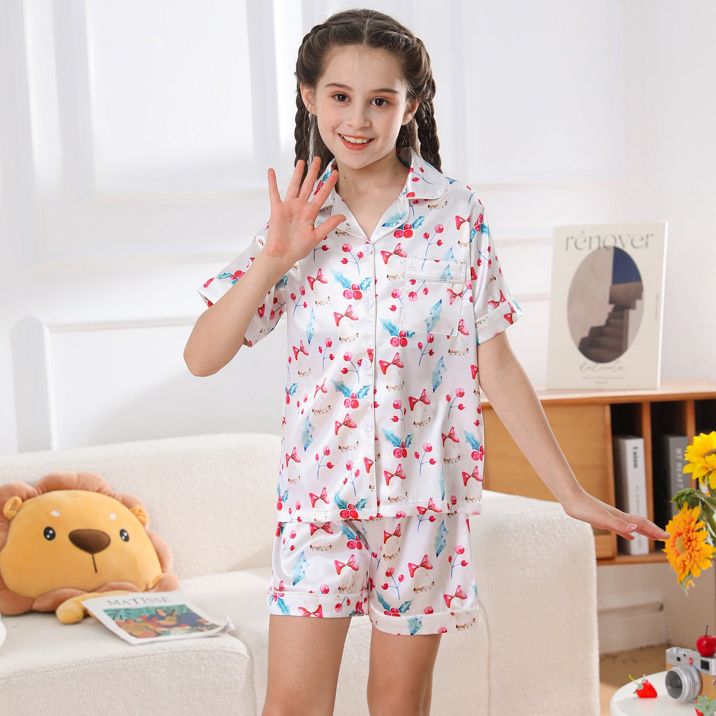 Girl's  Satin Pajama Set Short Top Classic Sleepwear with Short pants-KJ435T-130