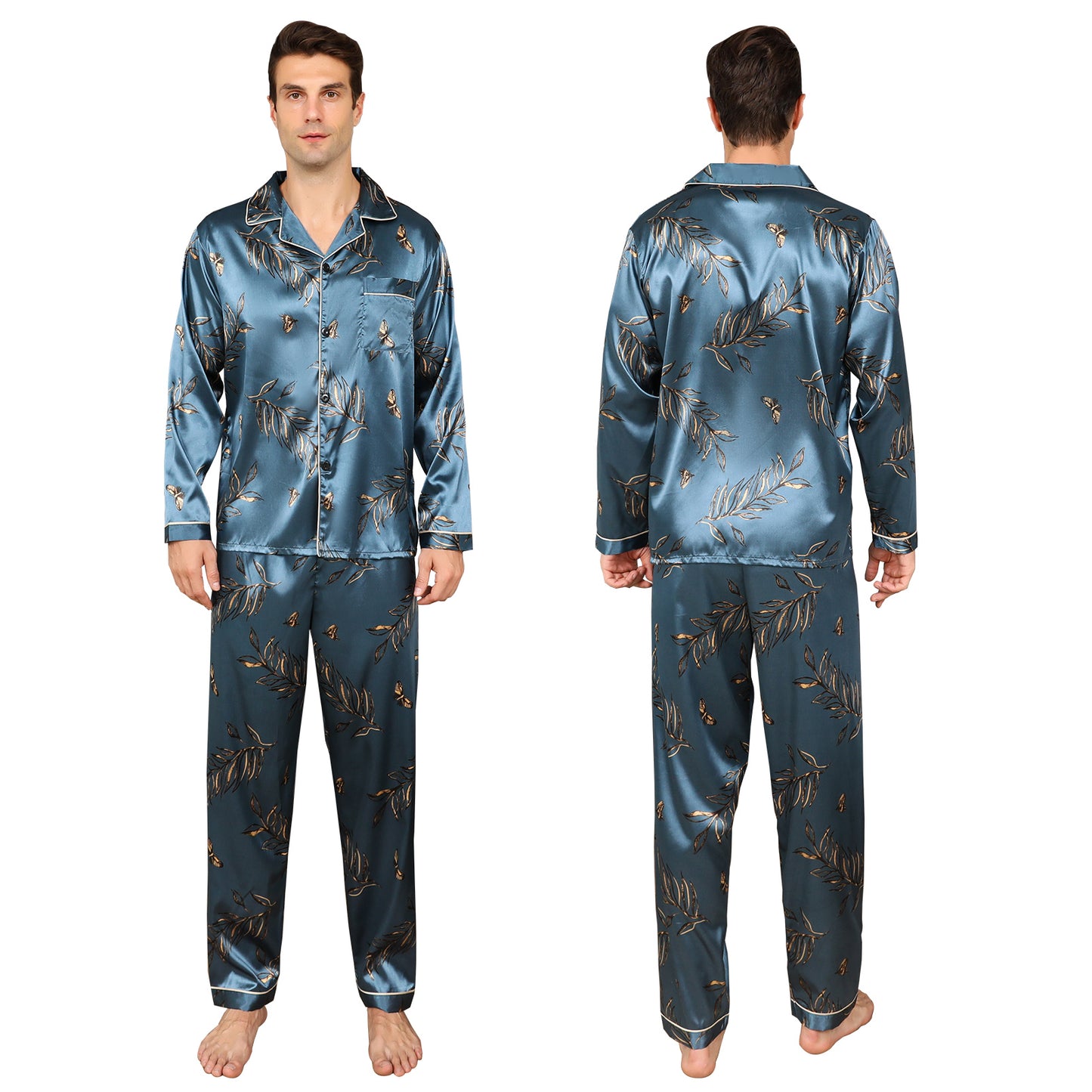 Men's Silky Satin Pajama Set Long Top Classic Sleepwear with Long Pants-KJ2014-M