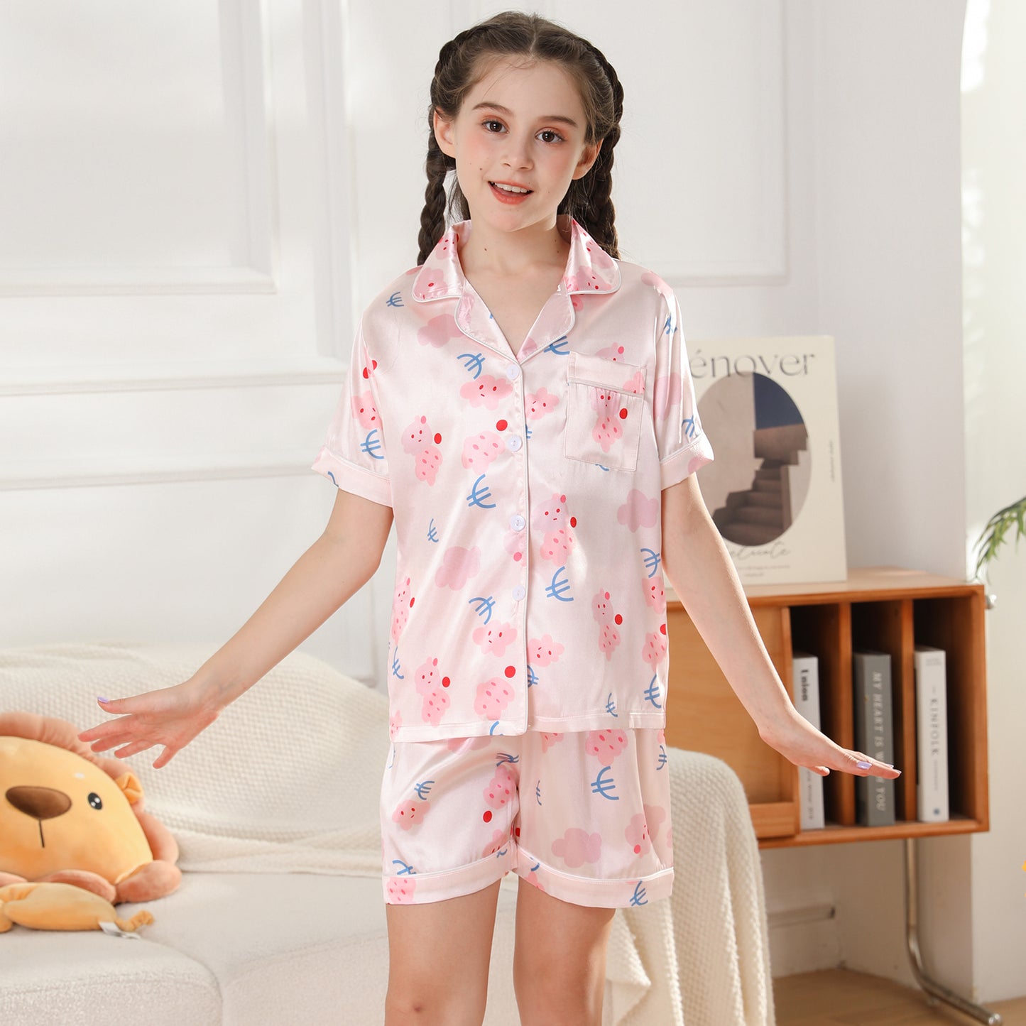 children's Satin Pajamas Set Short Sleeve & Short pants Sleepwear with Pockets-KJ442T-130