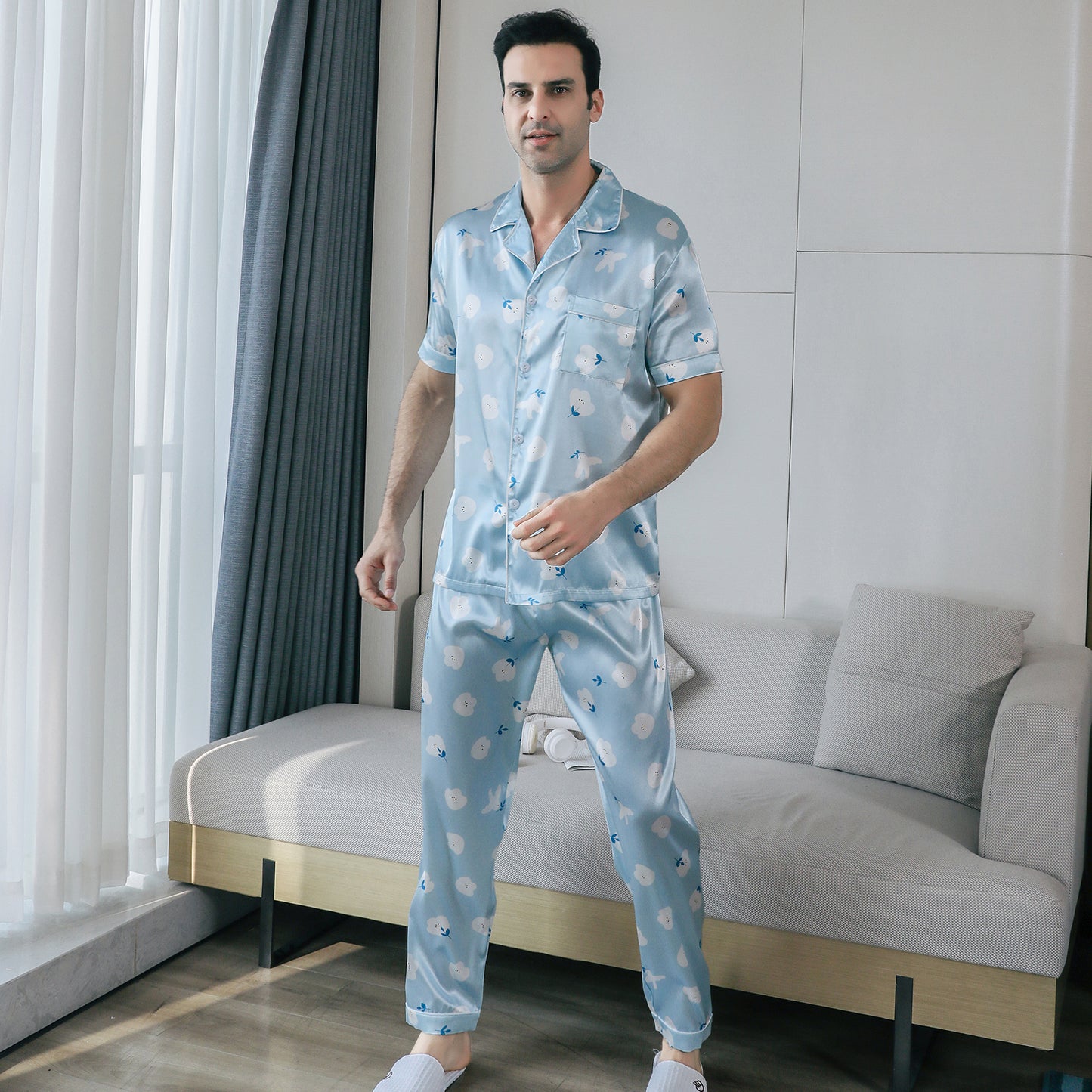 Mens Pajama Set Short Sleeve Sleepwear Silky Loungewear with Long Pants-KJ5023-M