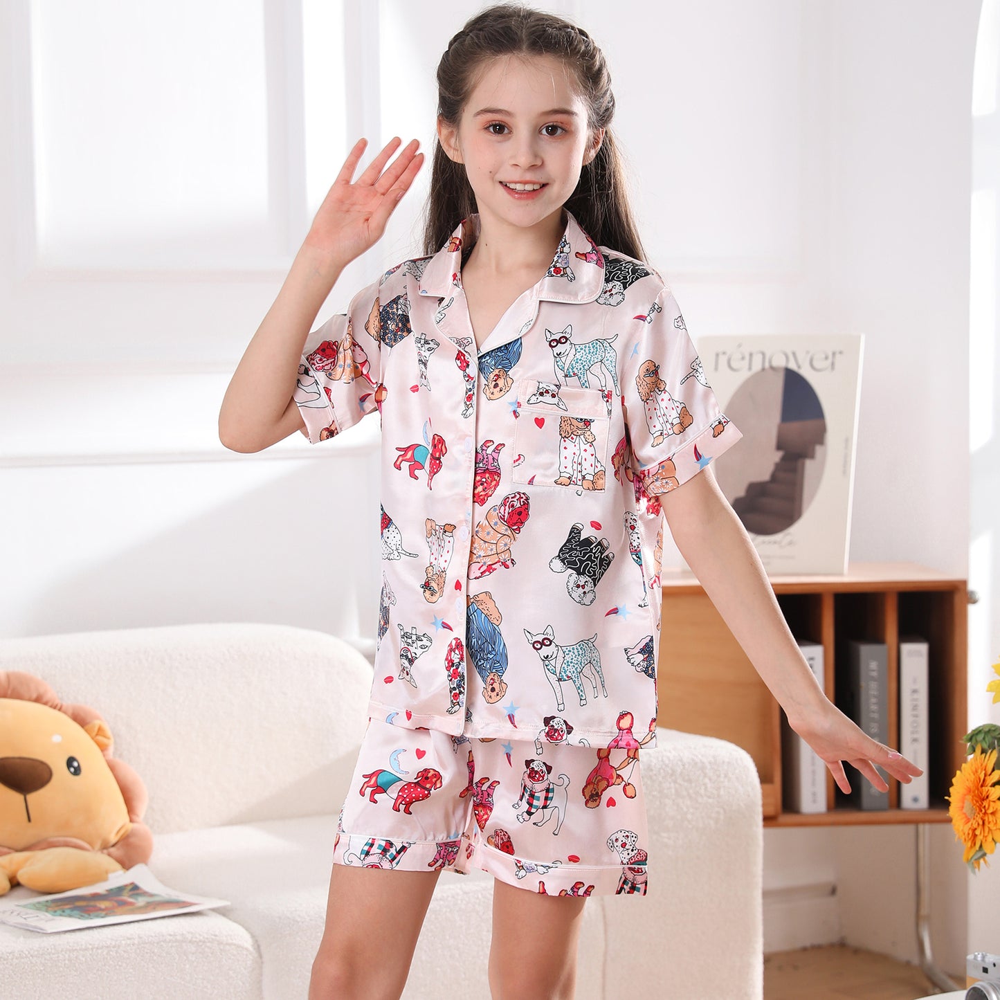 Girl's  Silk Pajama Set Short Top & Short pants  Loungewear-KJ414T-130