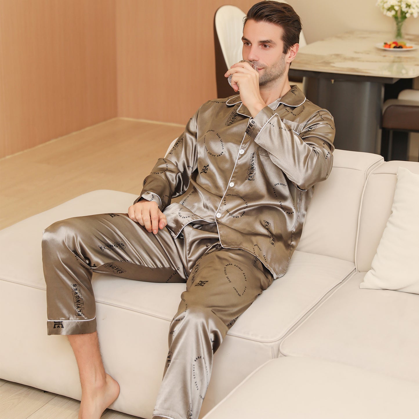 Men Satin Pajamas Set Long Sleeve & Long Pants Sleepwear with Pockets-KJ2038-M