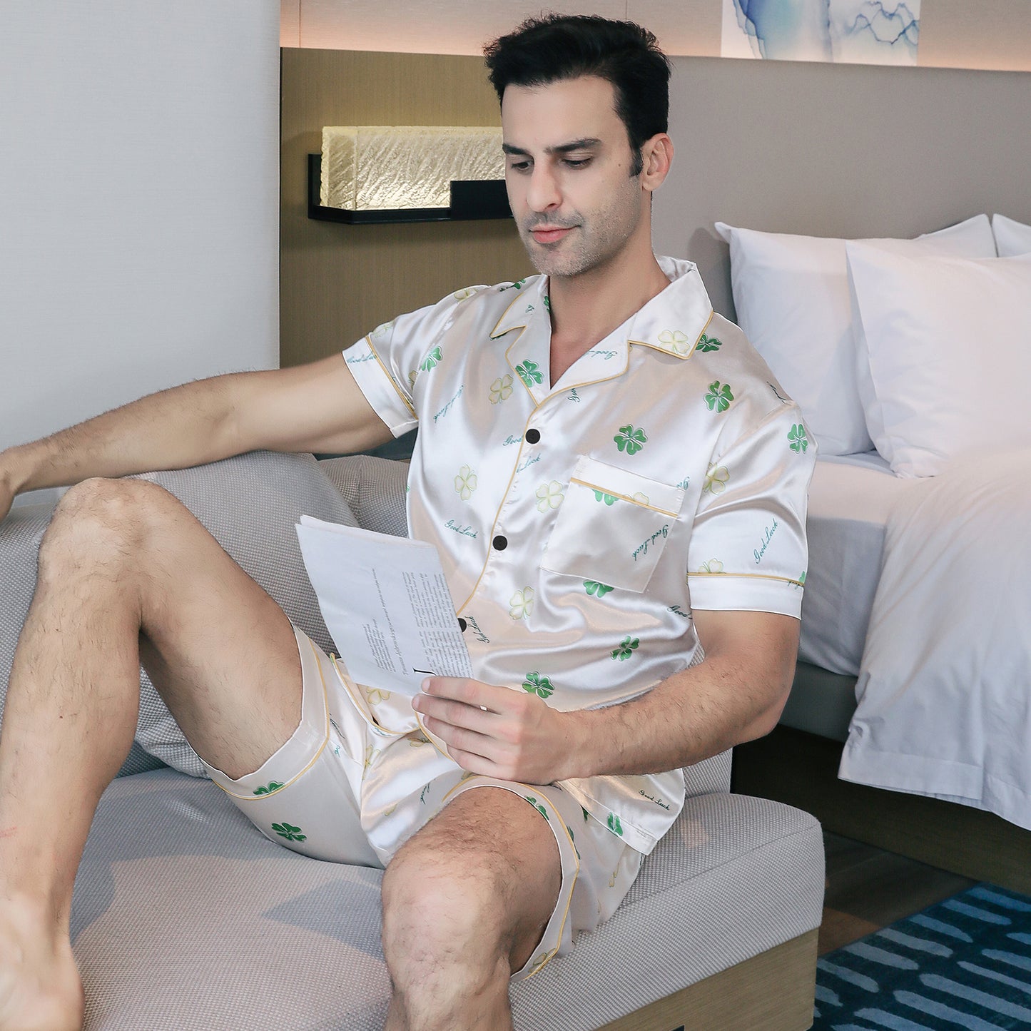 Mens Silky Pajamas Set Short Top & short pants Nightwear-KJ4006-M