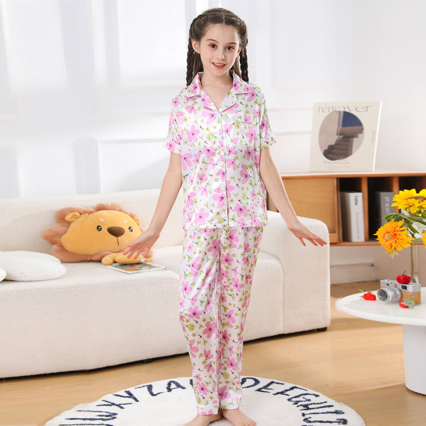 Girl's  Satin Pajama Set Short Top Classic Sleepwear with long pants-KJ507T-130