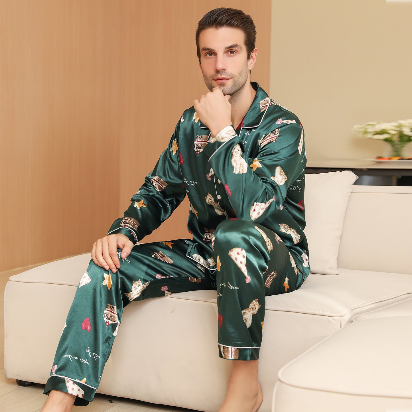 Men Satin Pajamas Set Long Sleeve & Long Pants Sleepwear with Pockets-KJ2036-M