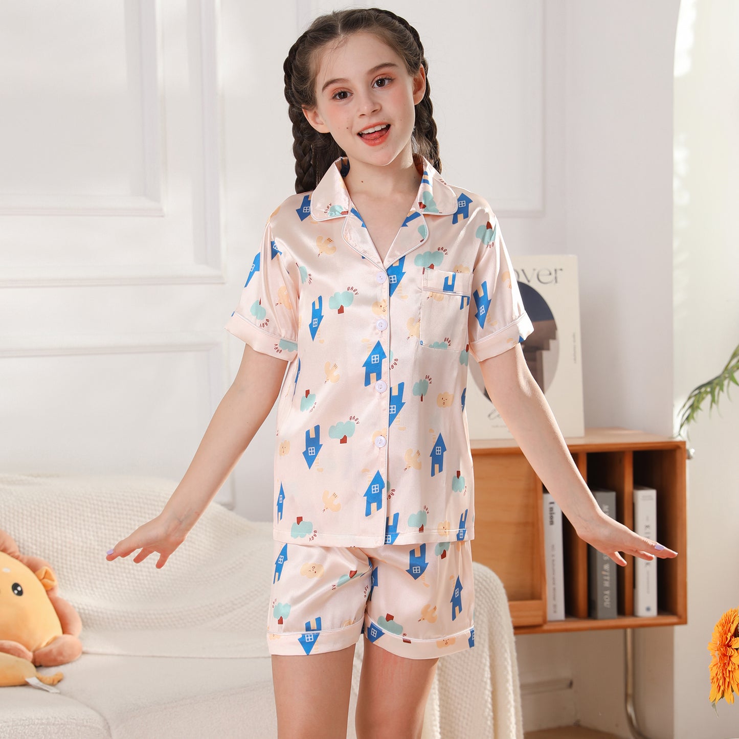 children's Satin Pajamas Set Short Sleeve & Short pants Sleepwear with Pockets-KJ441T-130