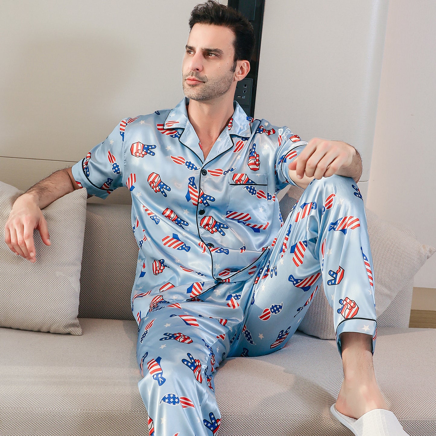 Men's Classic Silk Pajama Set Short Top & Long Pants Button Loungewear-KJ5049-M